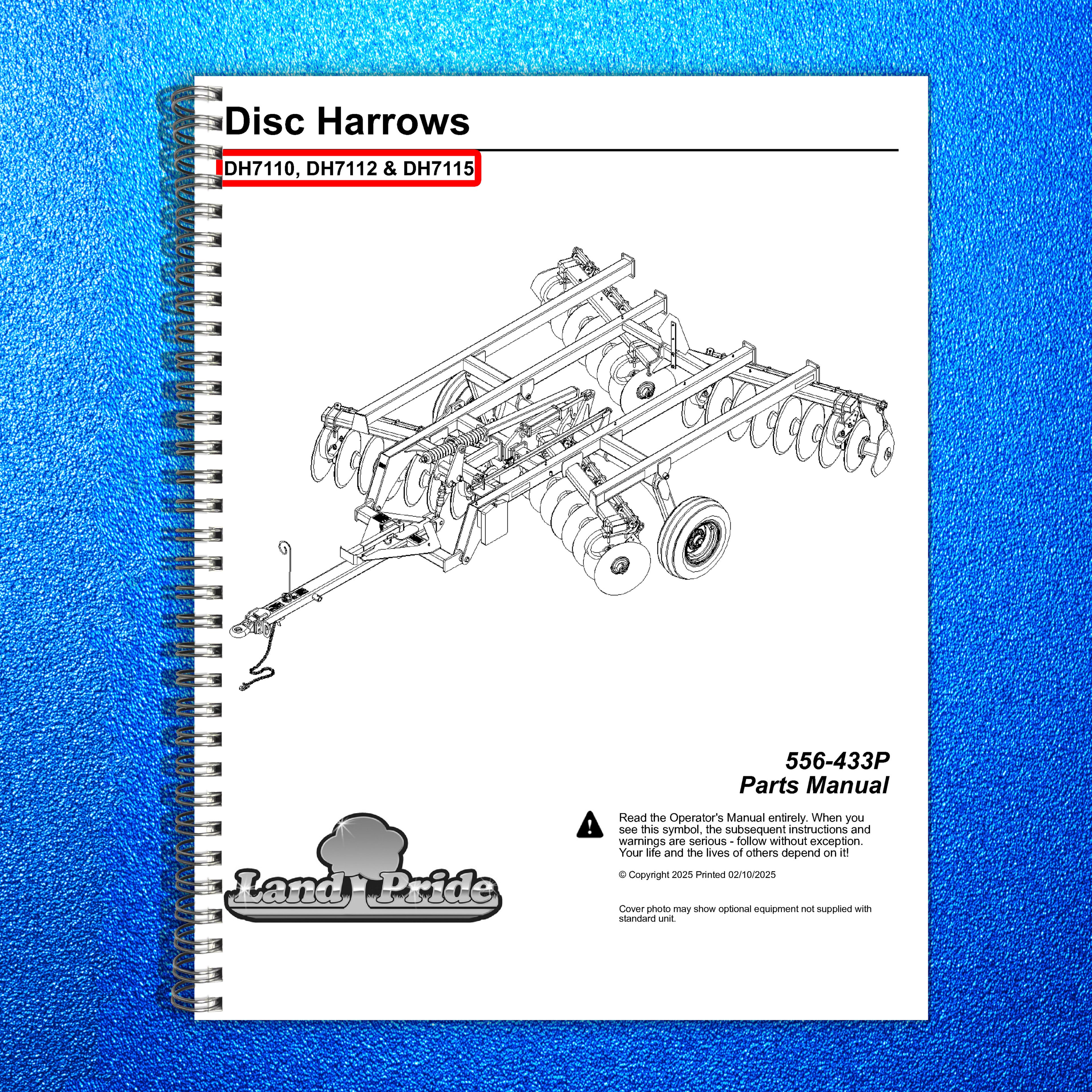 LAND PRIDE DH7100 Series Disc Harrows Parts Manual 2025 - WIRE BOUND - COVERS
