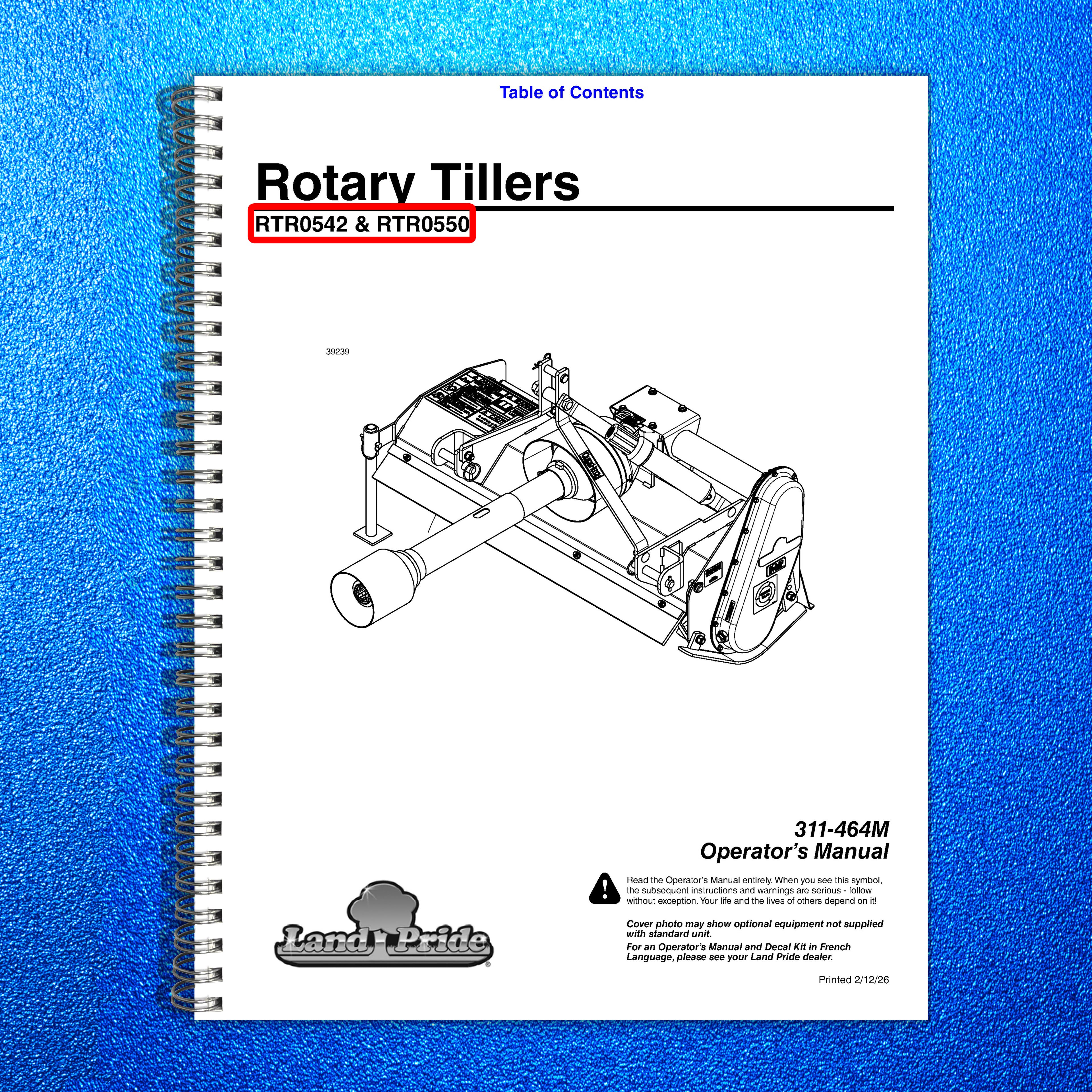 LAND PRIDE RTR05 Series Reverse Rotation Rotary Tillers Operators Manual - BOUND