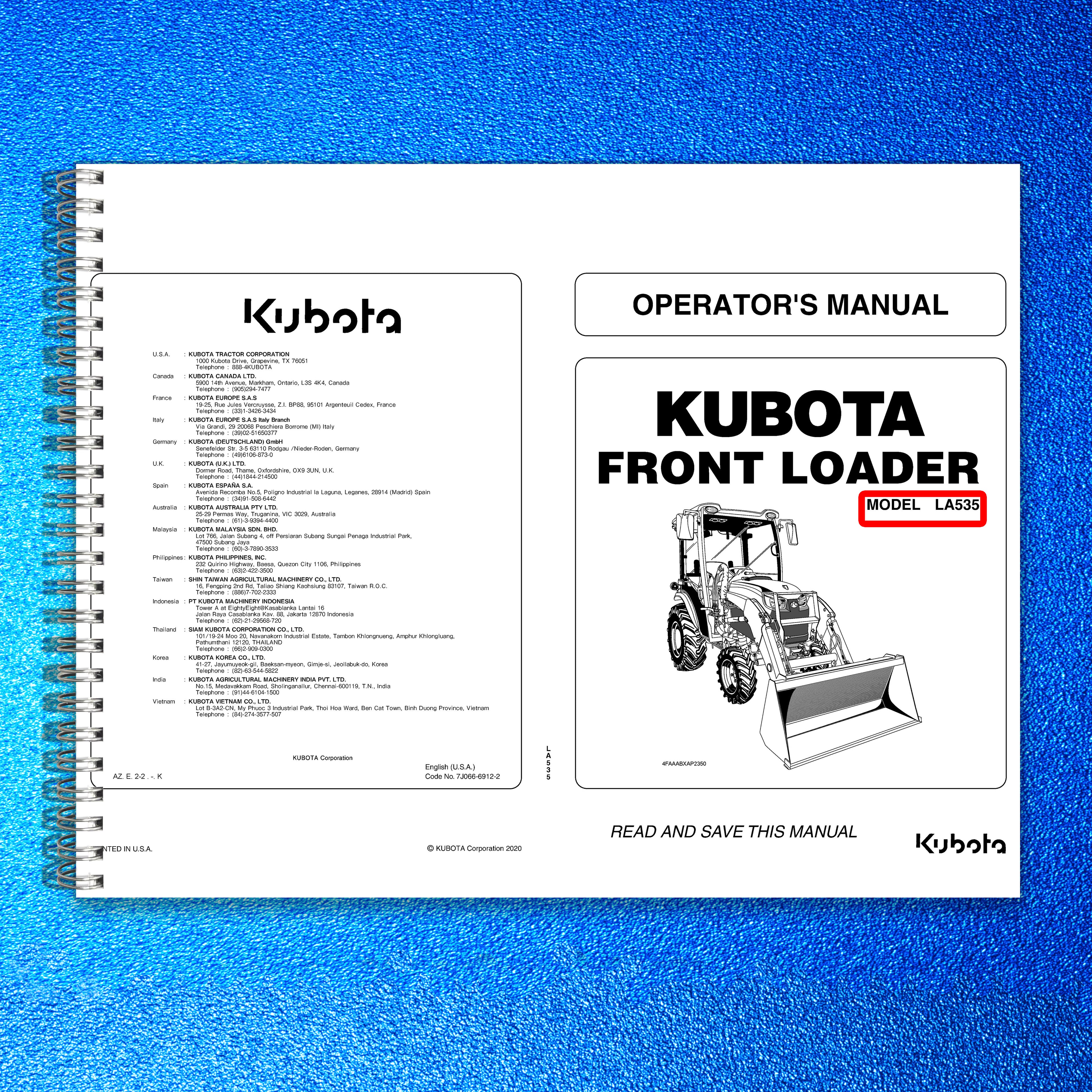 KUBOTA LA535 Front Loader Operators Manual 2020 - BOUND - COVERS - XL FOLDOUTS