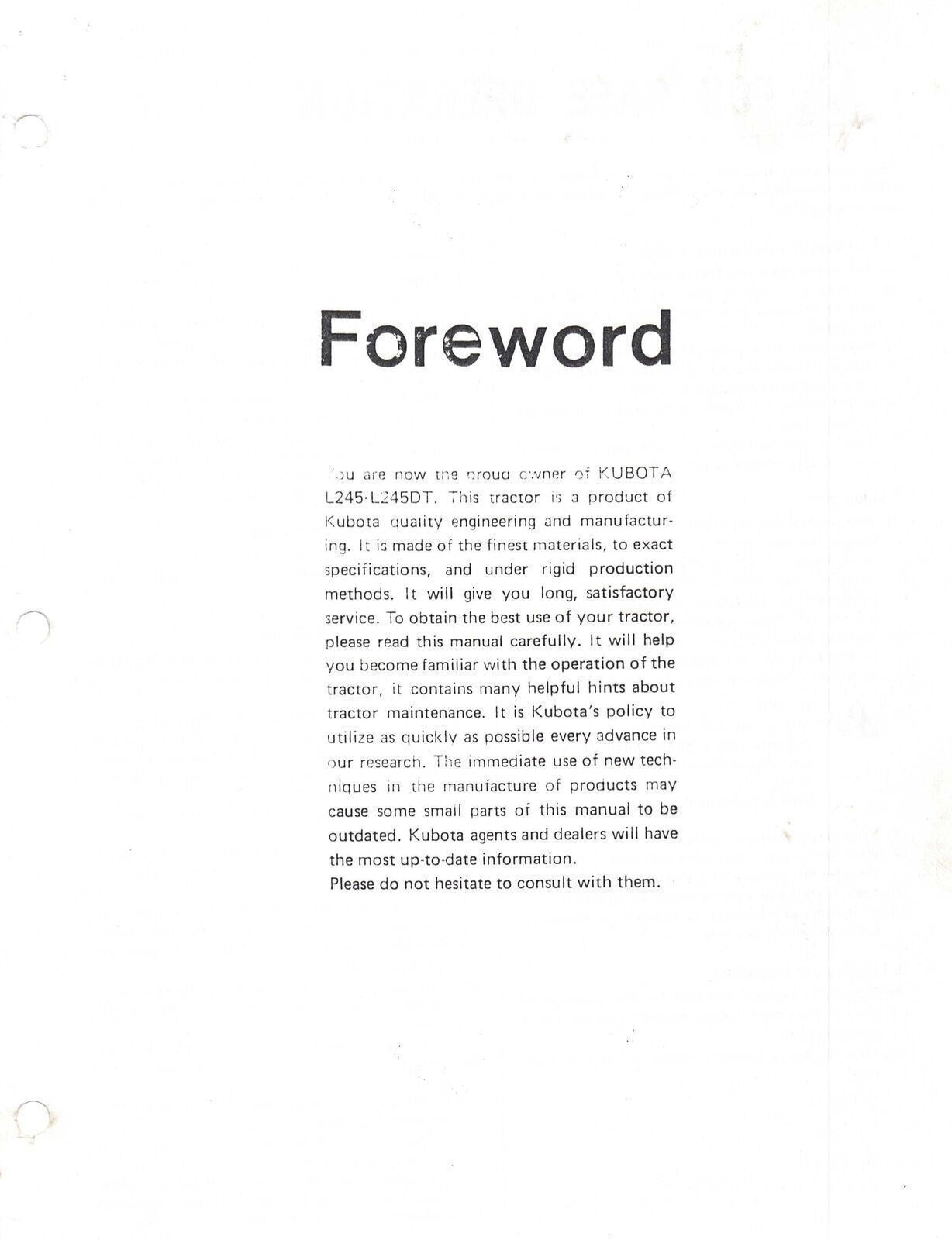 KUBOTA L245 L245DT TRACTOR OPERATORS MANUAL, STEEL WIRE BOUND, PROTECTIVE COVERS