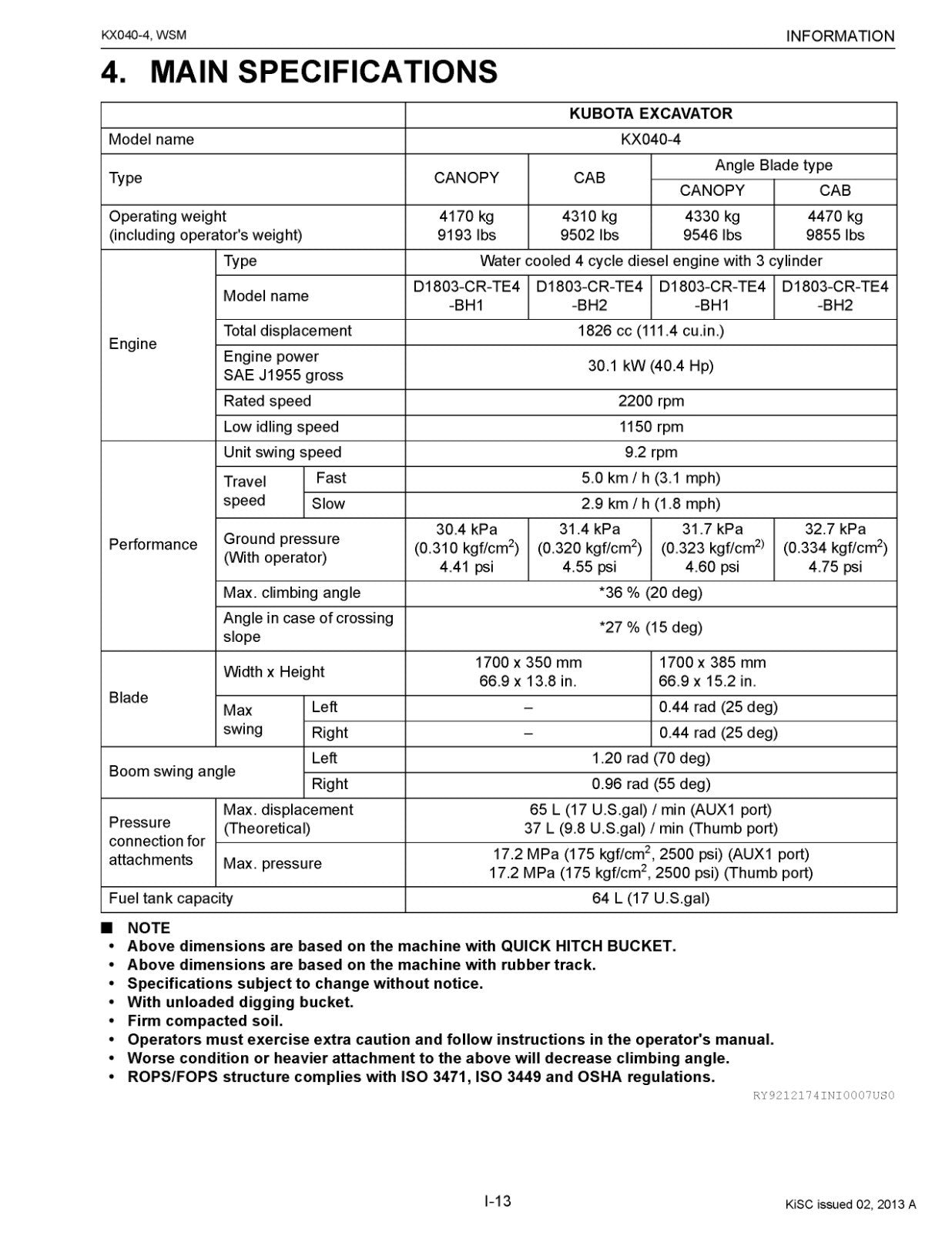 KUBOTA KX040-4 Excavator Workshop Manual 2013 - BOUND - COVERS - XL FOLDOUTS