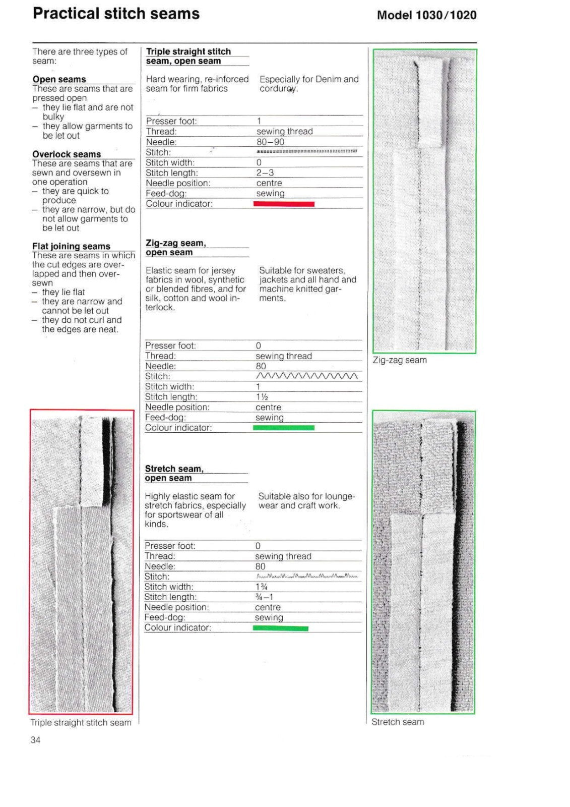 BERNINA 1020-1030 Sewing Machine User Manual In COLOR, TOUGH COVERS, WIRE BOUND
