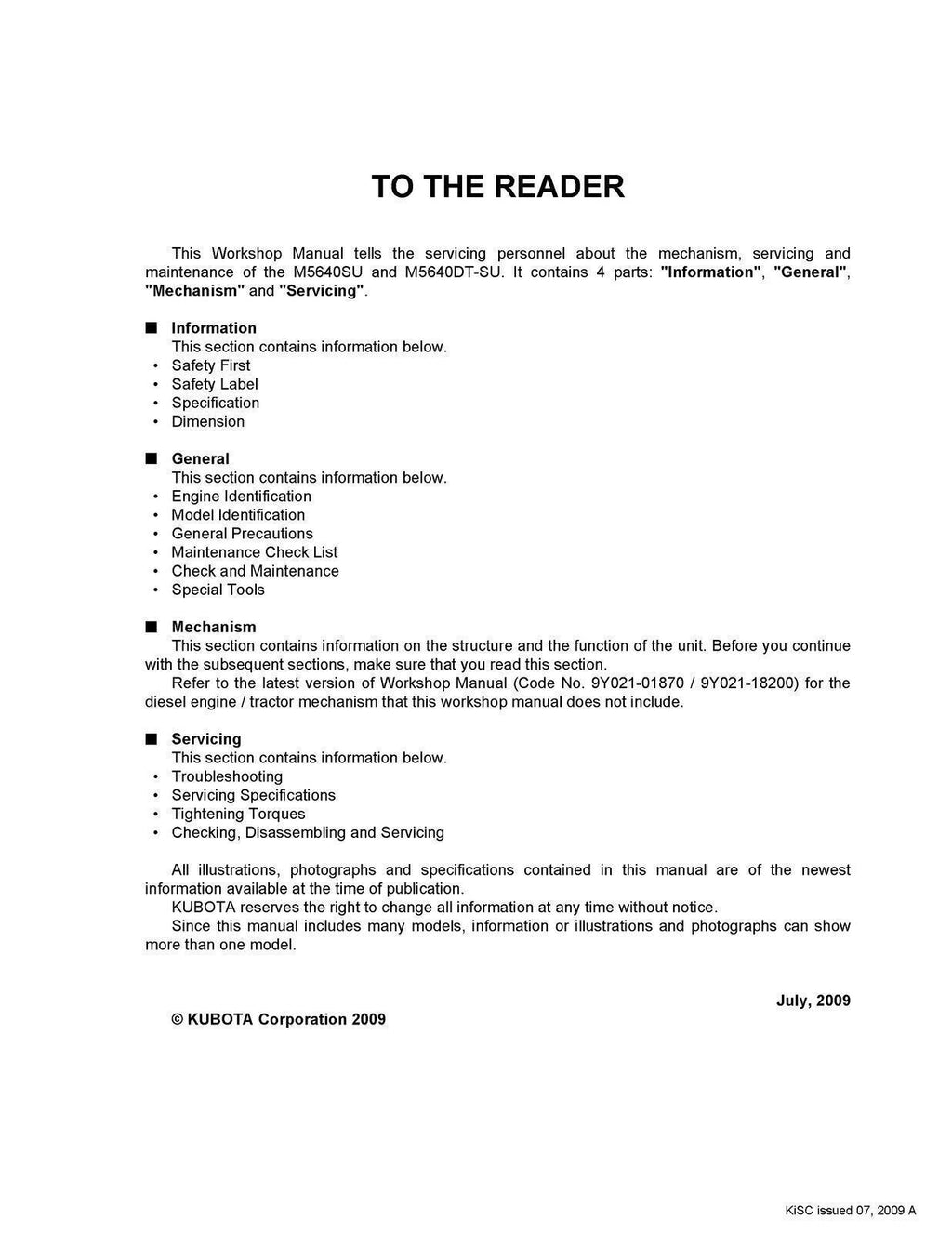 KUBOTA M5640SU WORKSHOP MANUAL WSM - STEEL WIRE BOUND - PROTECTIVE COVERS