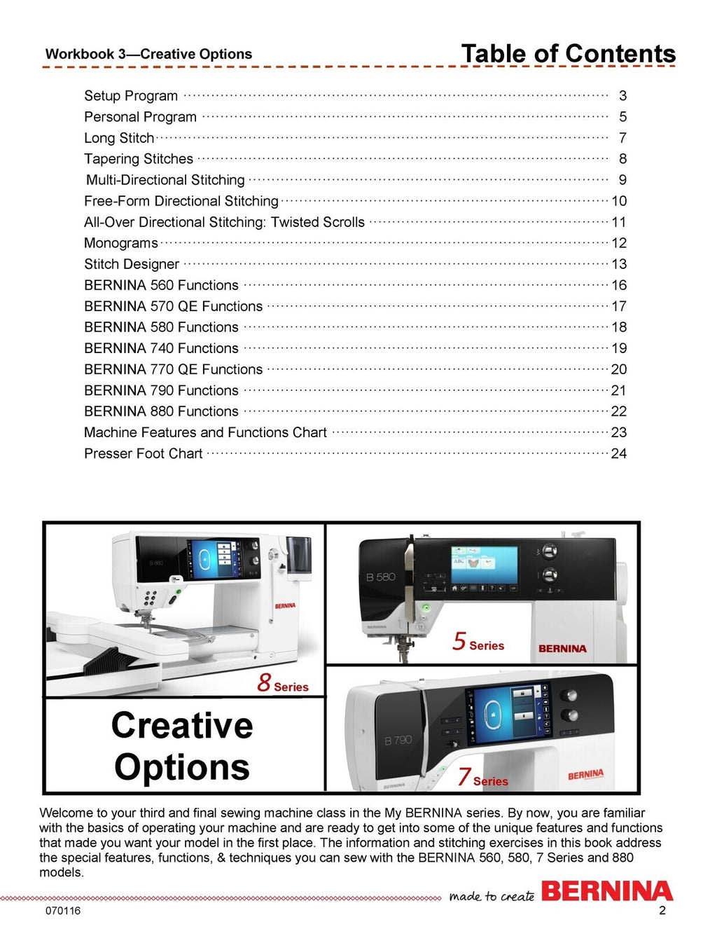 BERNINA Sewing Machine Workbook 3 Creative Options - WIRE BOUND - TOUGH COVERS