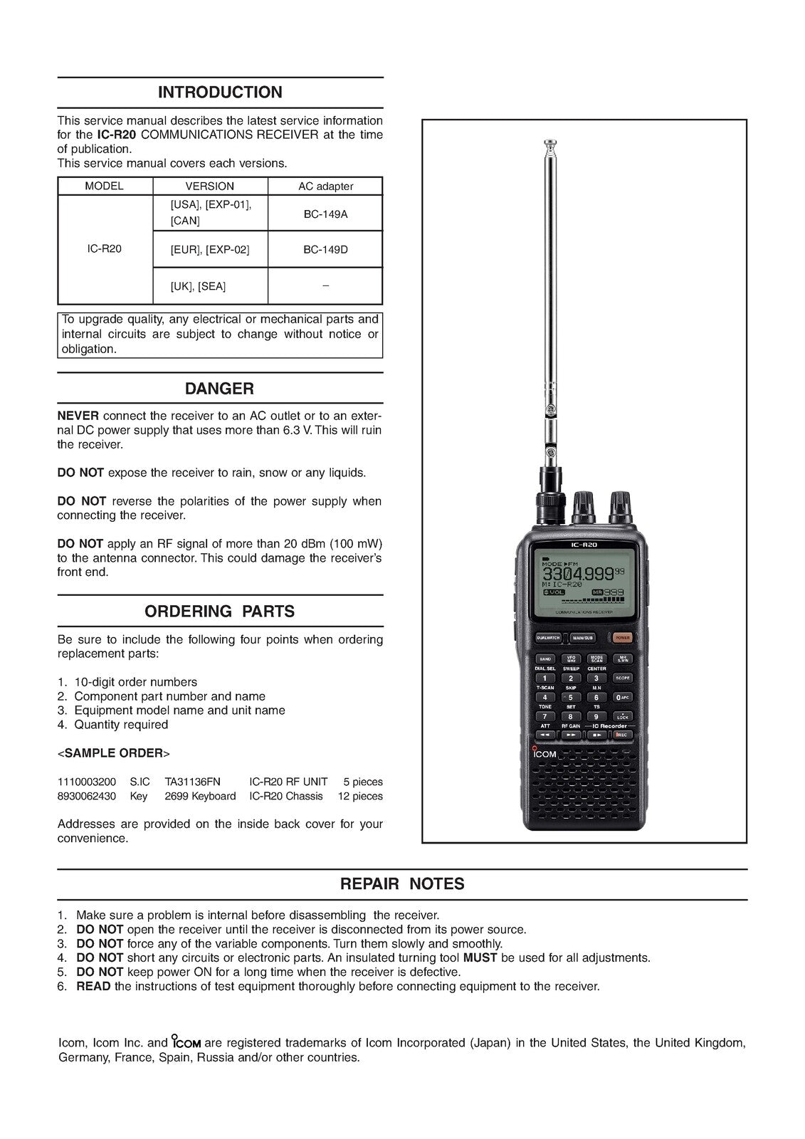 ICOM IC-R20 Communications Receiver SERVICE Manual - WIRE BOUND - TOUGH COVERS