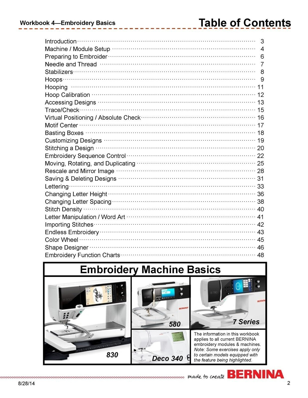 BERNINA Embroidery Machine Basics Workbook 340 Chic 7 560 580 758 780 830 880