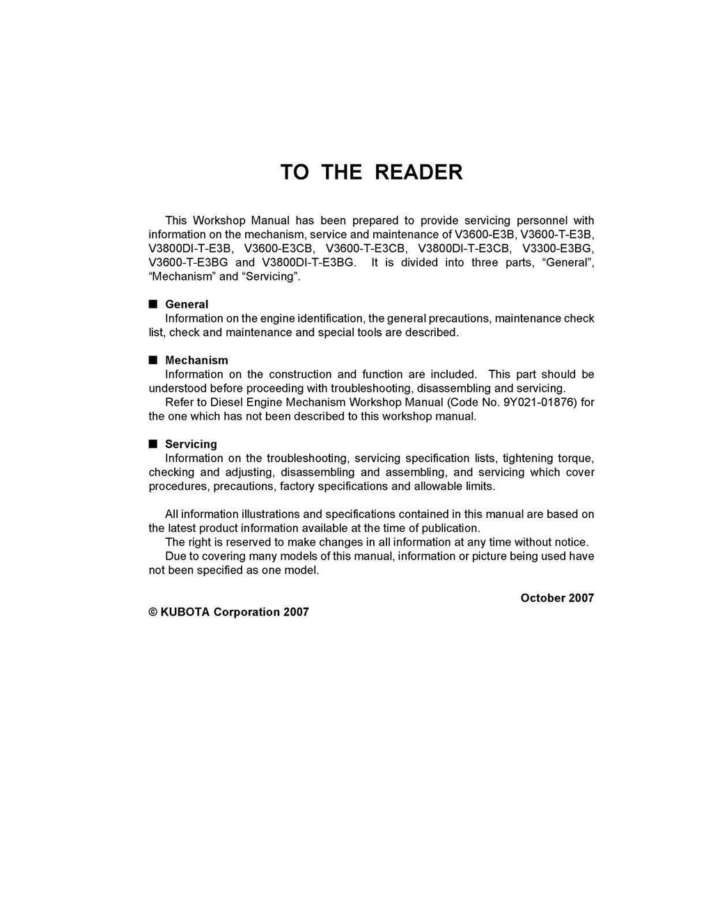 KUBOTA V3800 V3600 V3300 DIESEL ENGINE WORKSHOP MANUAL WSM - WIRE BOUND - COVERS