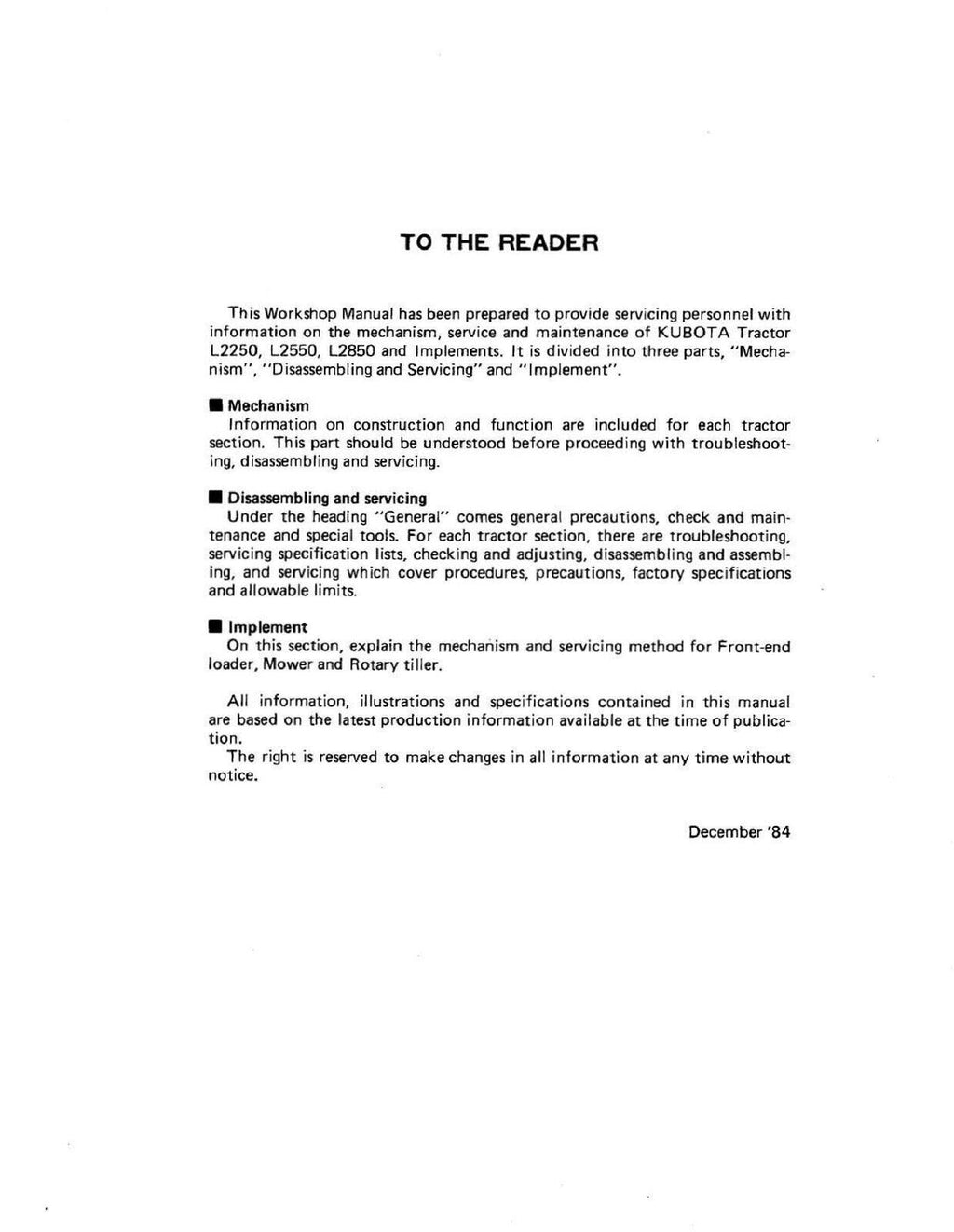 KUBOTA L2250 L2550 GST L2850 GST L3250 WORKSHOP MANUAL 642 PAGES - WIRE BOUND