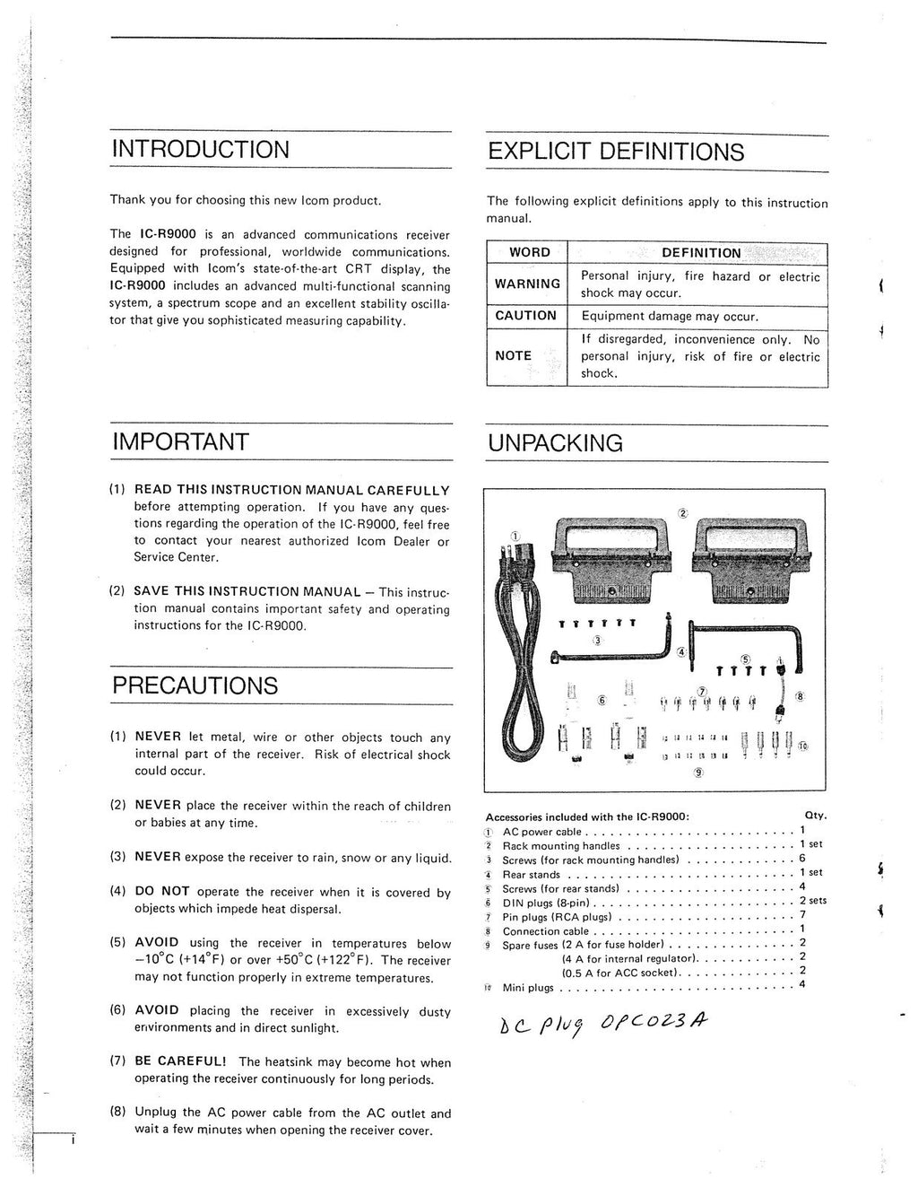 ICOM IC-R9000 Receiver Instruction Manual - STEEL WIRE BOUND - PROTECTIVE COVERS