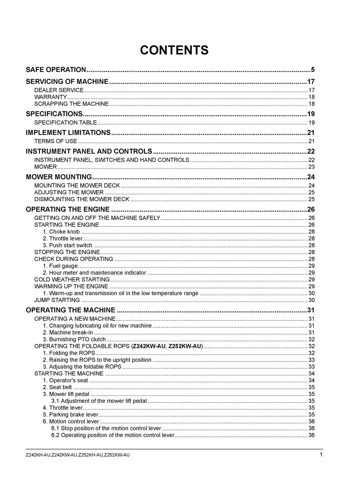 KUBOTA Z242KH-AU Z242KW-AU Z252KH-AU ZERO TURN MOWER OPERATORS MANUAL - BOUND