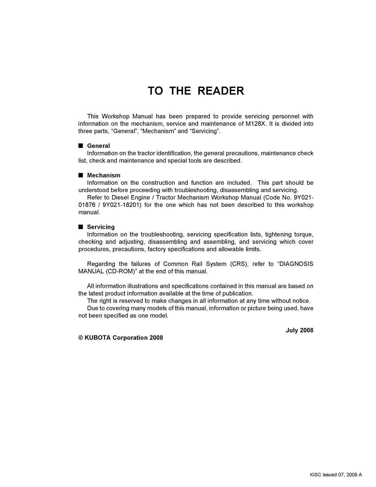 KUBOTA M128X TRACTOR WORKSHOP MANUAL WSM - STEEL WIRE BOUND - PROTECTIVE COVERS