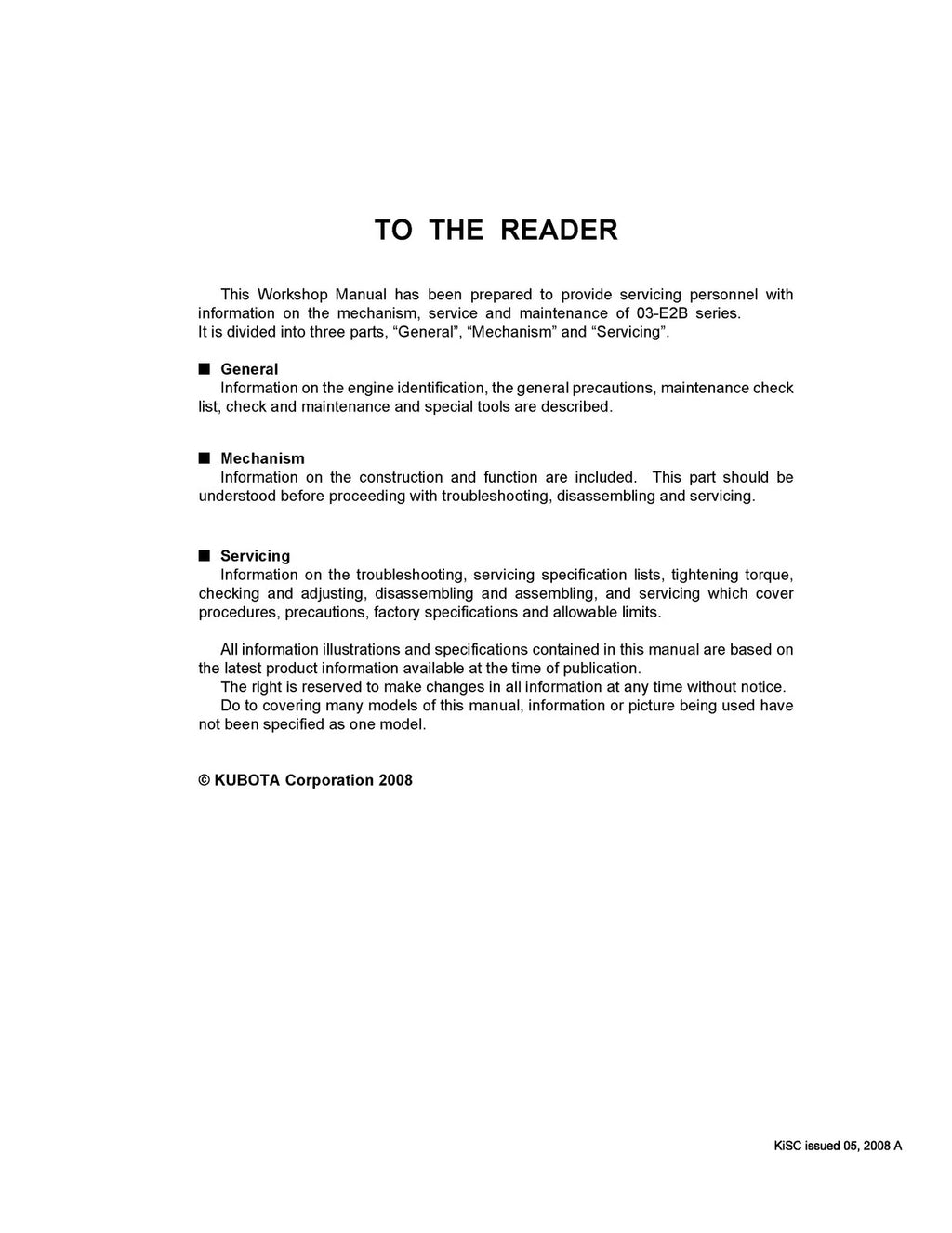KUBOTA 03-E2B Series Workshop Manual - WIRE BOUND - TOUGH COVERS