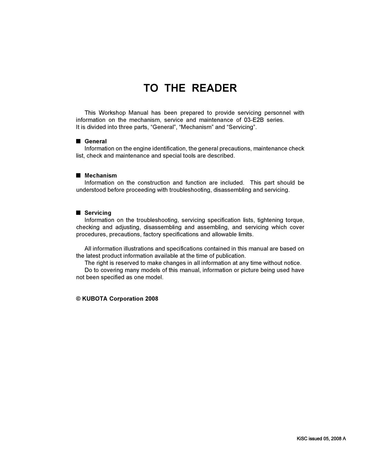 KUBOTA 03-E2B Series Workshop Manual - WIRE BOUND - TOUGH COVERS