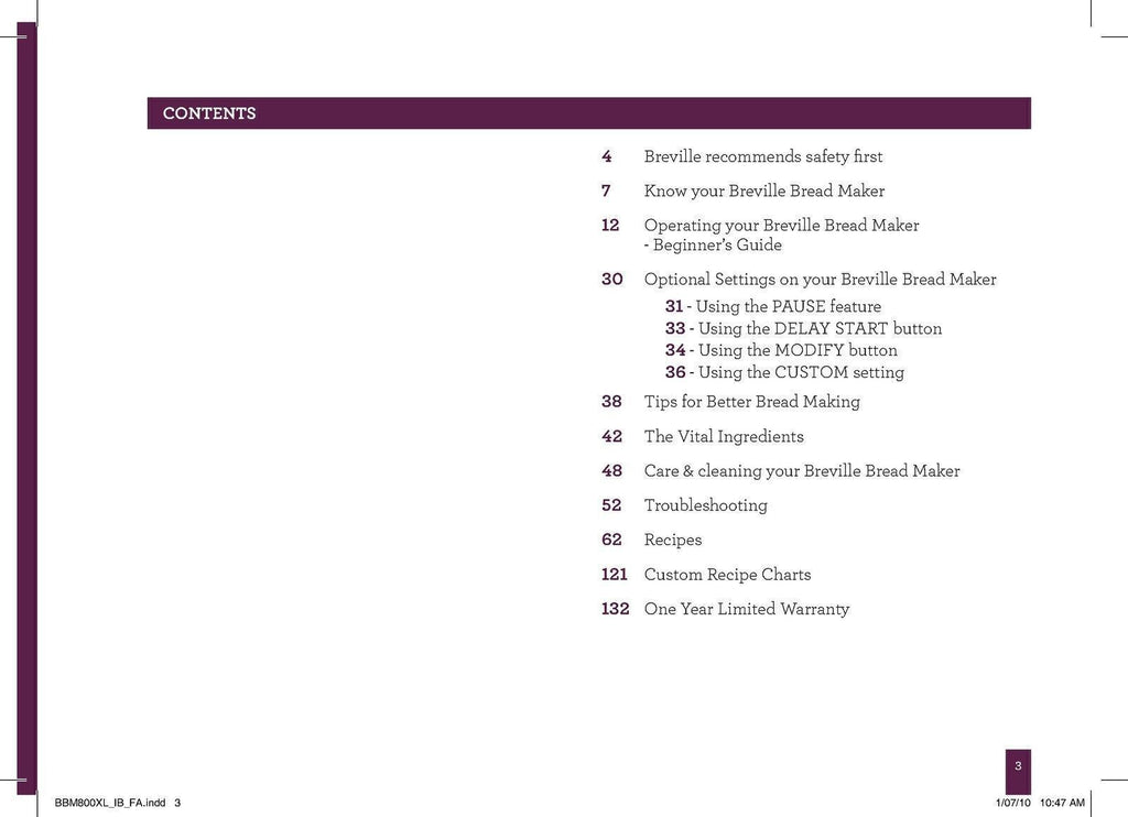 BREVILLE BBM800XL Bread Maker User Manual Operation Guide + Recipes (WIRE BOUND)