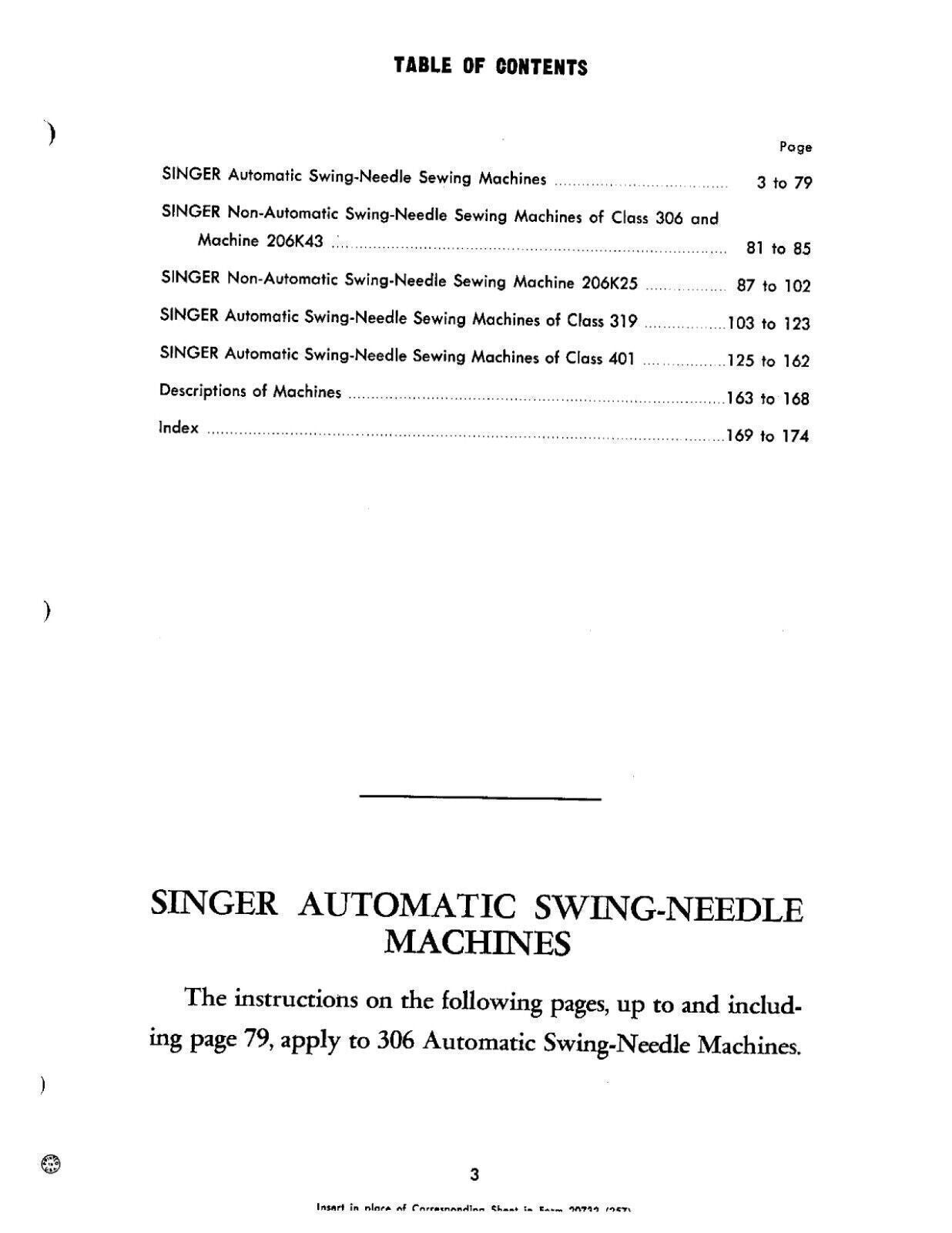 SINGER 206 306 319 401 Service User Manual Operation Guide - Steel Wire Bound