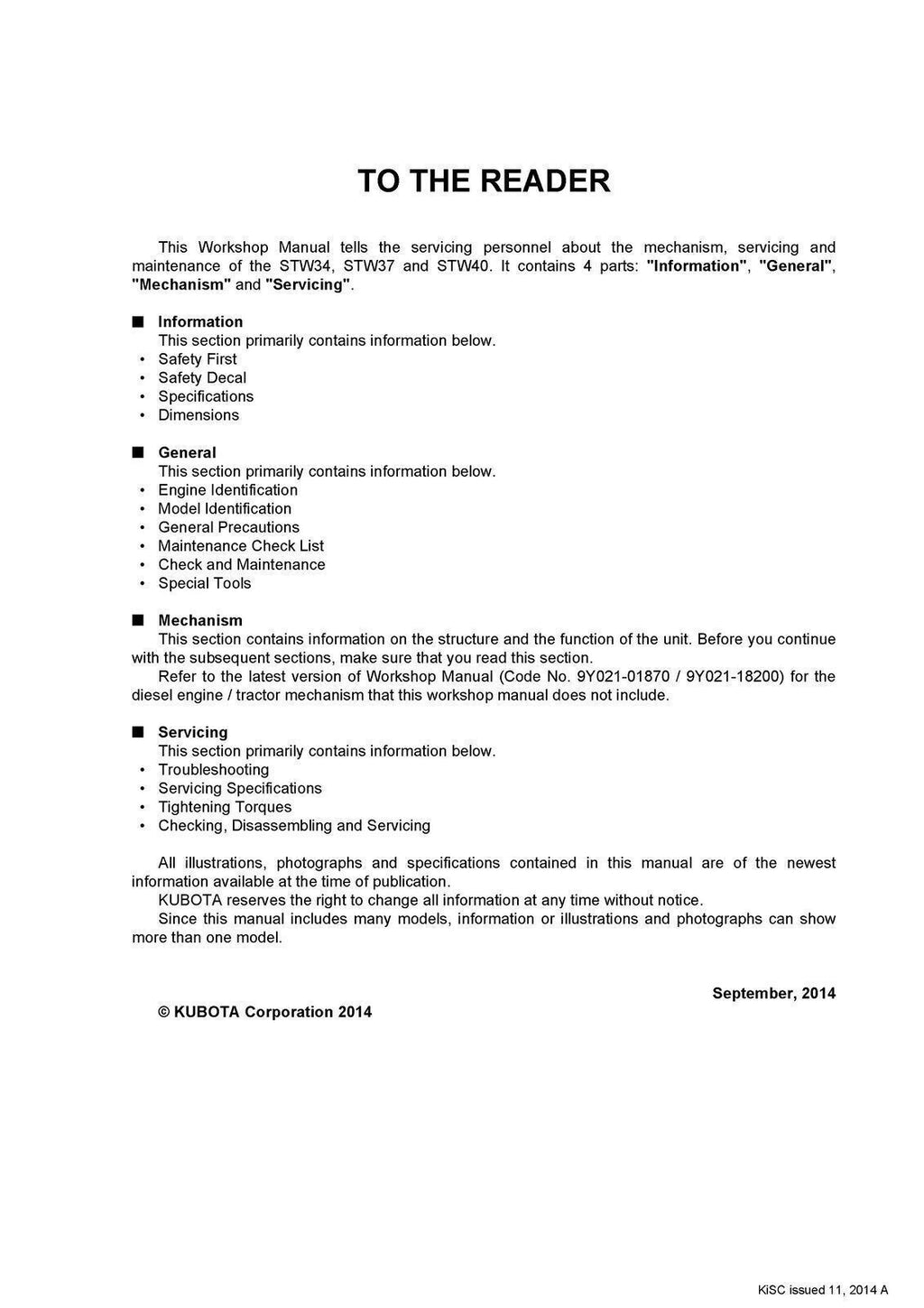 KUBOTA STW34 STW37 STW40 WORKSHOP MANUAL - STEEL WIRE BOUND - PROTECTIVE COVERS
