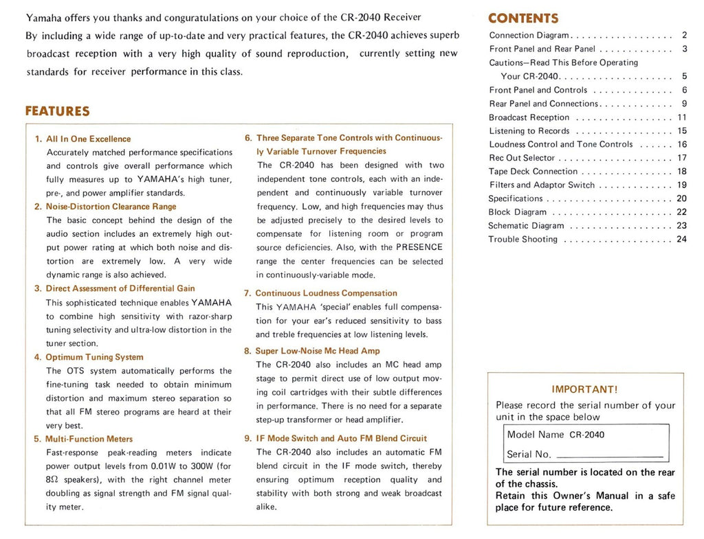 YAMAHA CR-2040 OWNERS MANUAL - WIRE BOUND - TOUGH COVERS