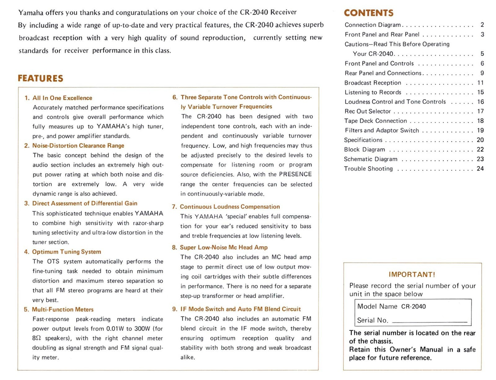 YAMAHA CR-2040 OWNERS MANUAL - WIRE BOUND - TOUGH COVERS