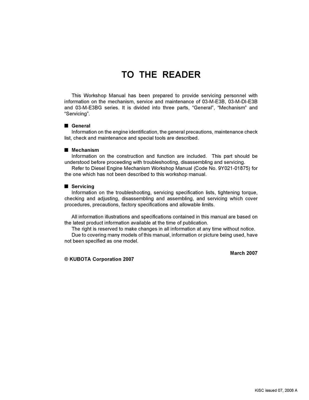 KUBOTA DIESEL ENGINE WSM SERIES WSM03-M-E3B 03-M-DI-E3B 03-M-E3BG WORKSHP MANUAL