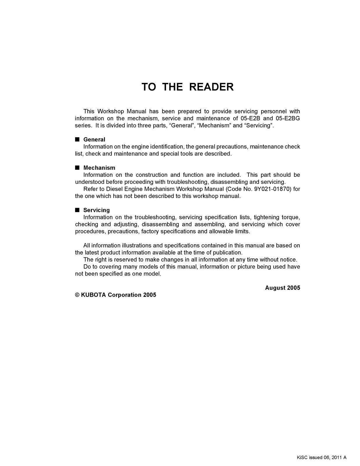 KUBOTA DIESEL ENGINE 05-E2B 05-E2BG SERIES WORKSHOP MANUAL - STEEL WIRE BOUND