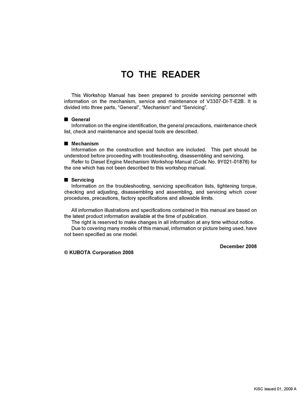 KUBOTA V3307 DIESEL ENGINE V3307-DI-T-E2B WORKSHOP MANUAL - STEEL  BOUND, COVERS