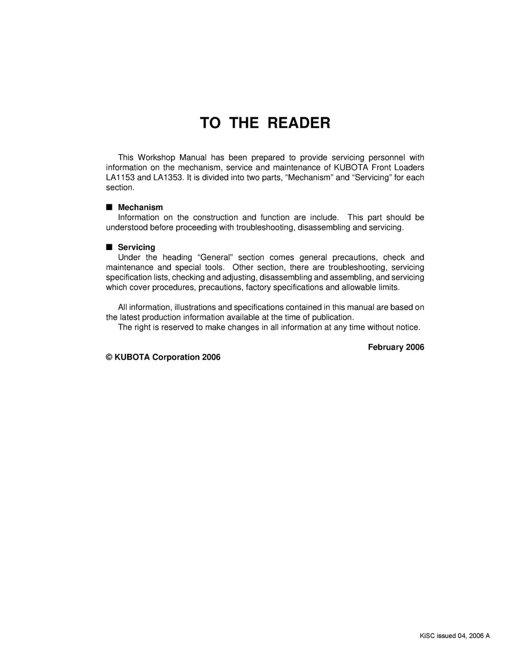 KUBOTA LA1153 LA1353 Front Loader Workshop Manual Workshop Manual WIRE BOUND