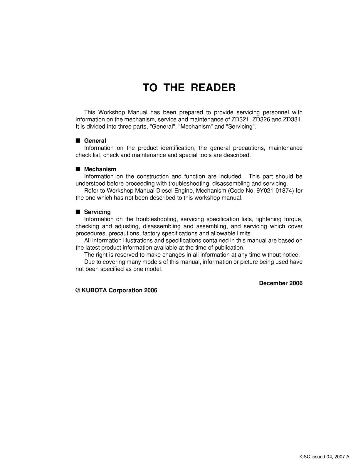 KUBOTA ZD321 ZD326 ZD331 WORKSHOP MANUAL -  STEEL WIRE BOUND - TOUGH COVERS