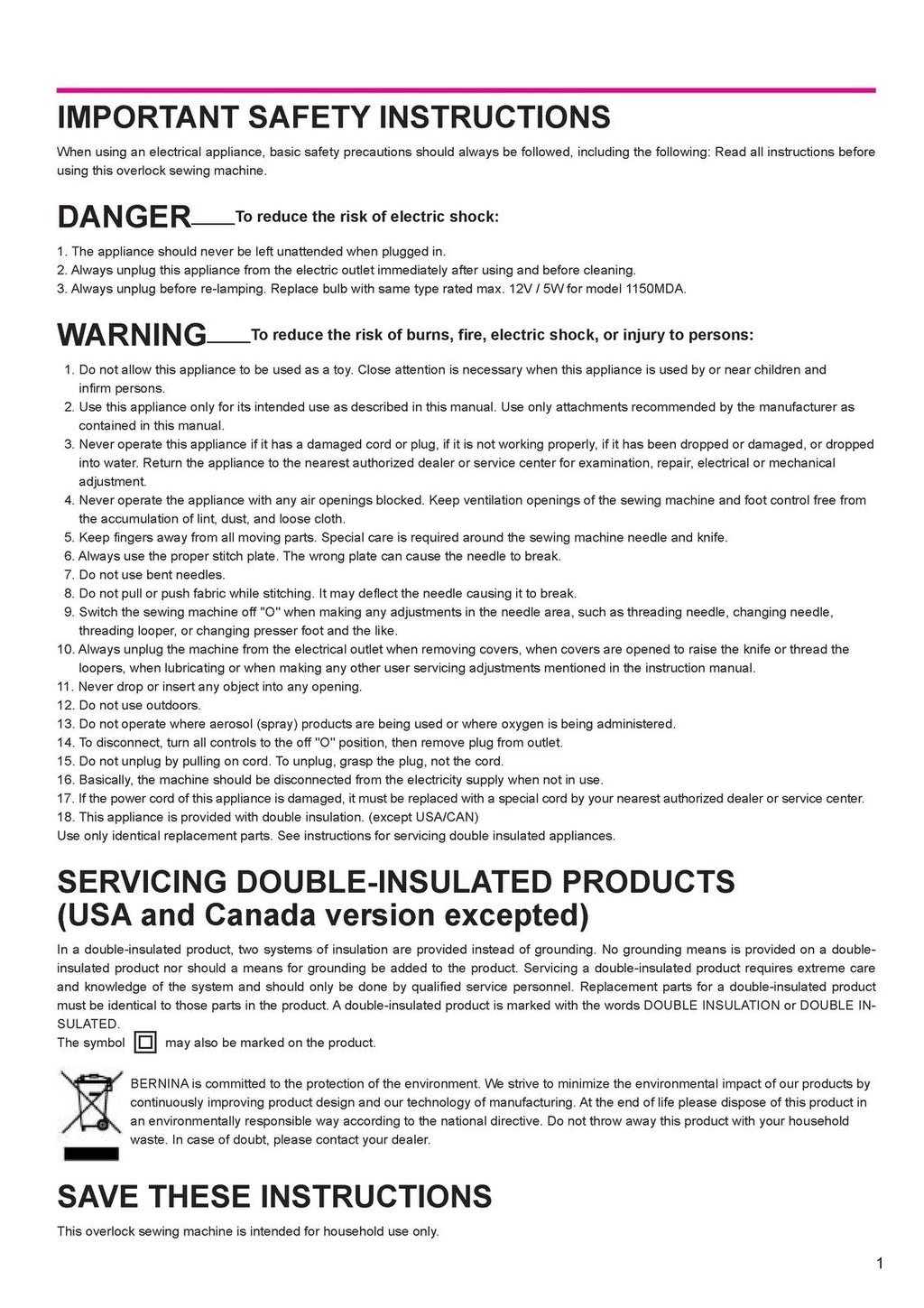 BERNINA 1150 Overlocker Sewing Machine Instruction Manual - WIRE BOUND - COVERS