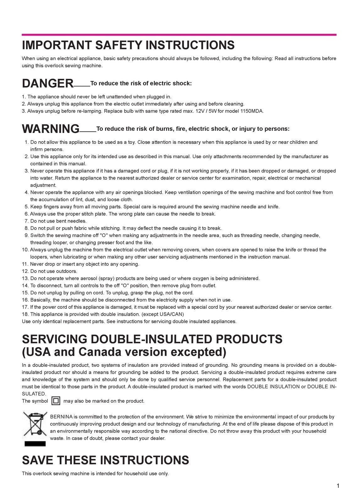 BERNINA 1150 Overlocker Sewing Machine Instruction Manual - WIRE BOUND - COVERS