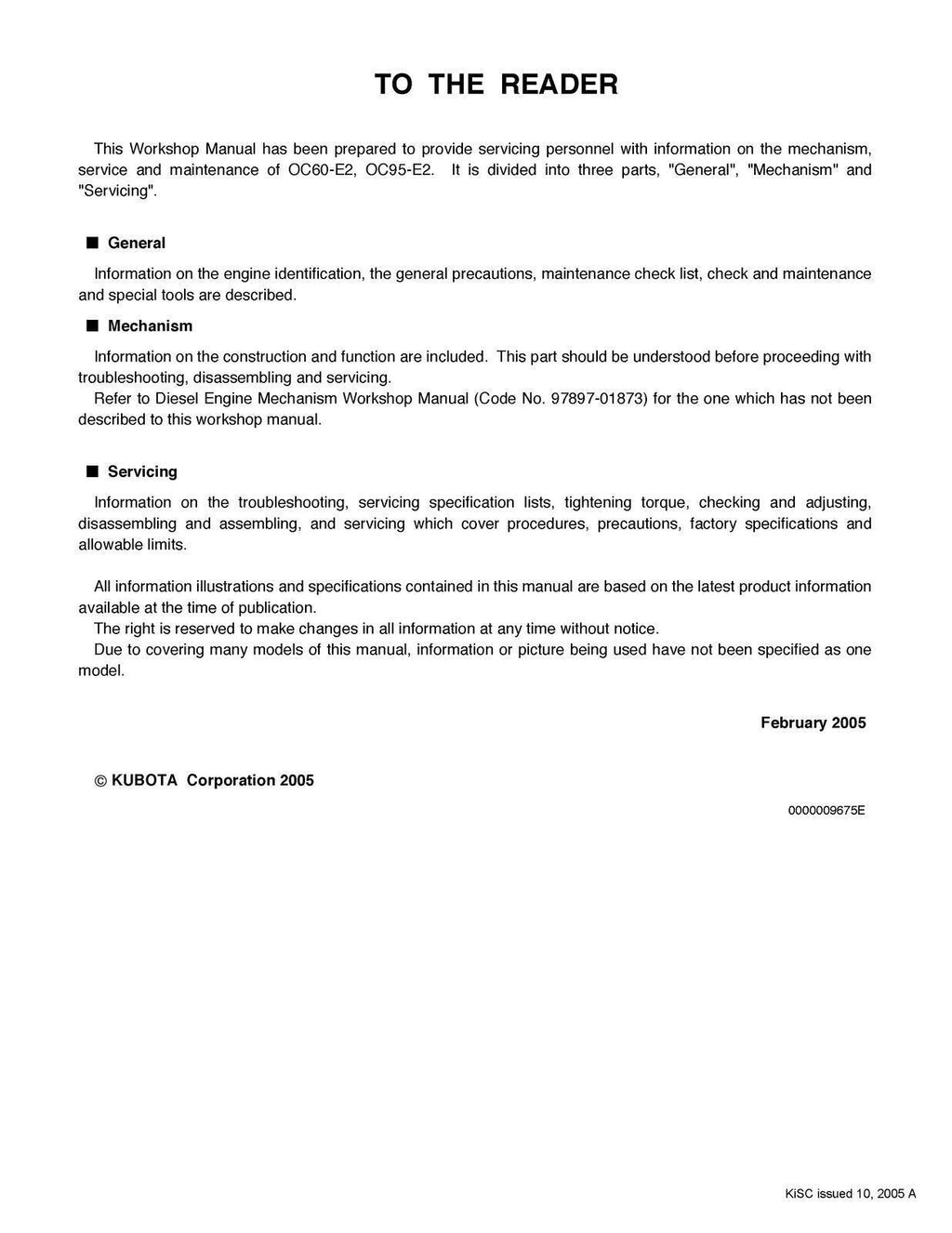 KUBOTA DIESEL ENGINE OC60-E2 OC95-E2 WORKSHOP MANUAL - STEEL WIRE BOUND - COVERS