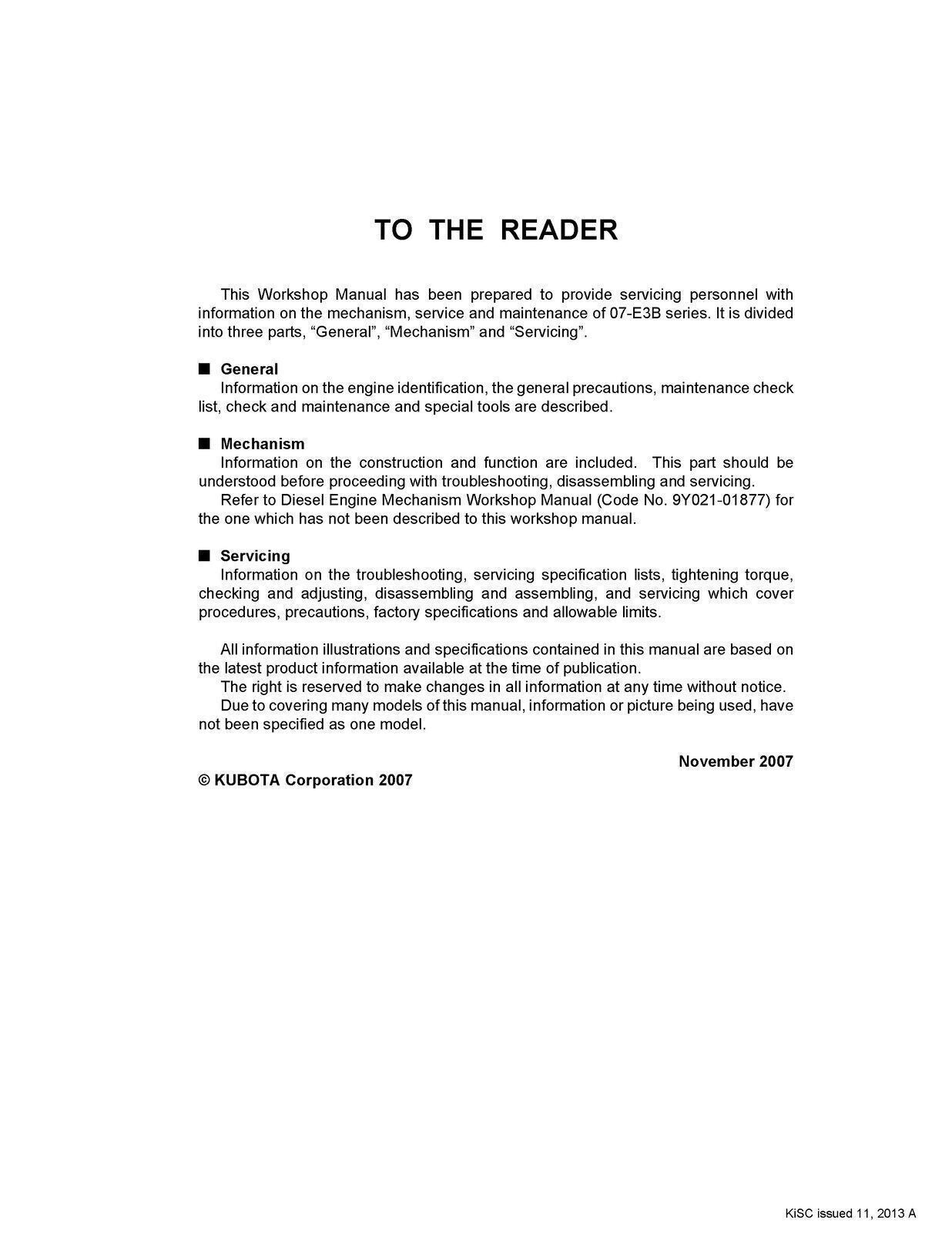 Kubota V3307-DI-T-E3B V3007 V2607 Repair Manual Workshop Manual WSM - WIRE BOUND