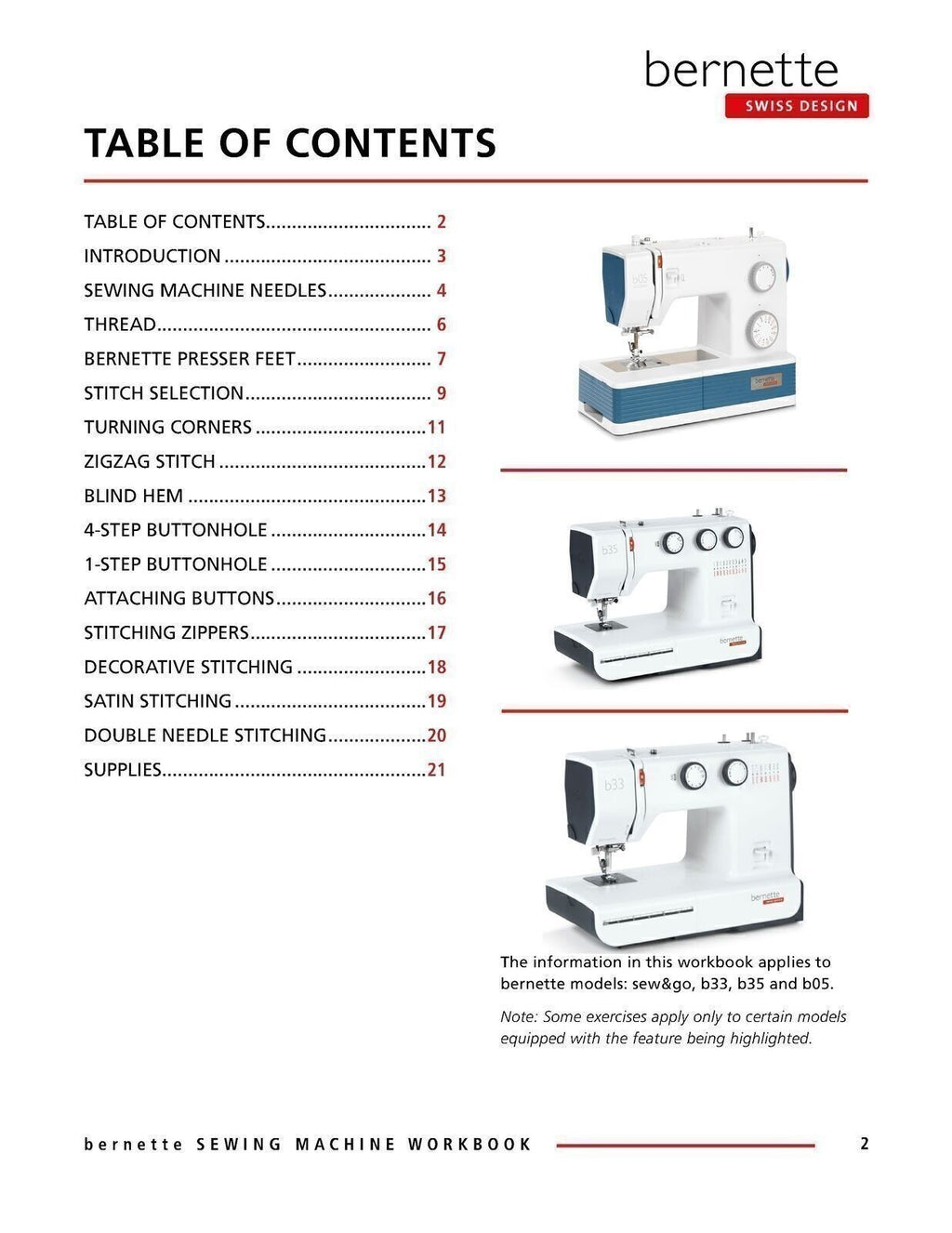 BERNINA Bernette Sew&Go B33 B35 B05 Sewing Machine Mastery Workbook - WIRE BOUND