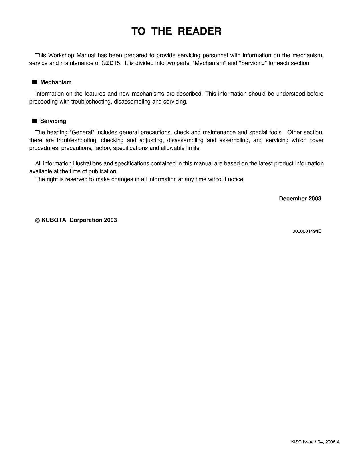 KUBOTA GZD15 RIDING MOWER WORKSHOP MANUAL - STEEL WIRE BOUND - PROTECTIVE COVERS