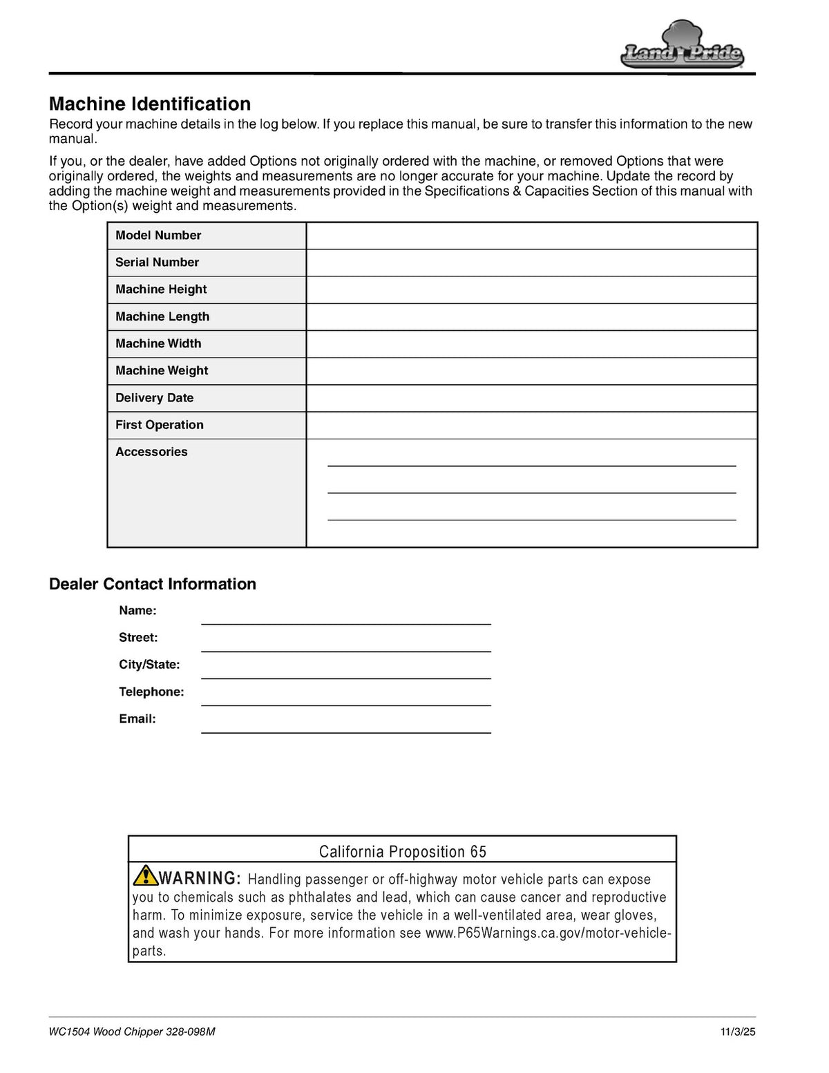 LAND PRIDE WC1504 Wood Chippers Operators Manual - WIRE BOUND - FOLDOUTS