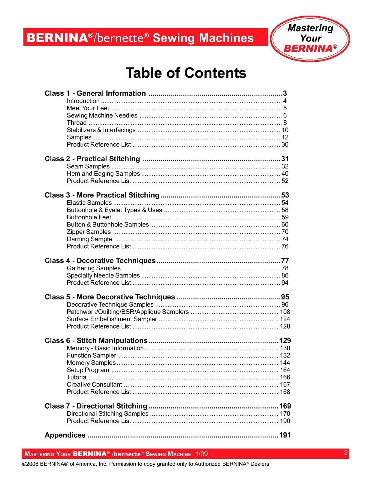 BERNINA Bernette Sewing Maching Mastery Workbook Activa Aurora Artista Series