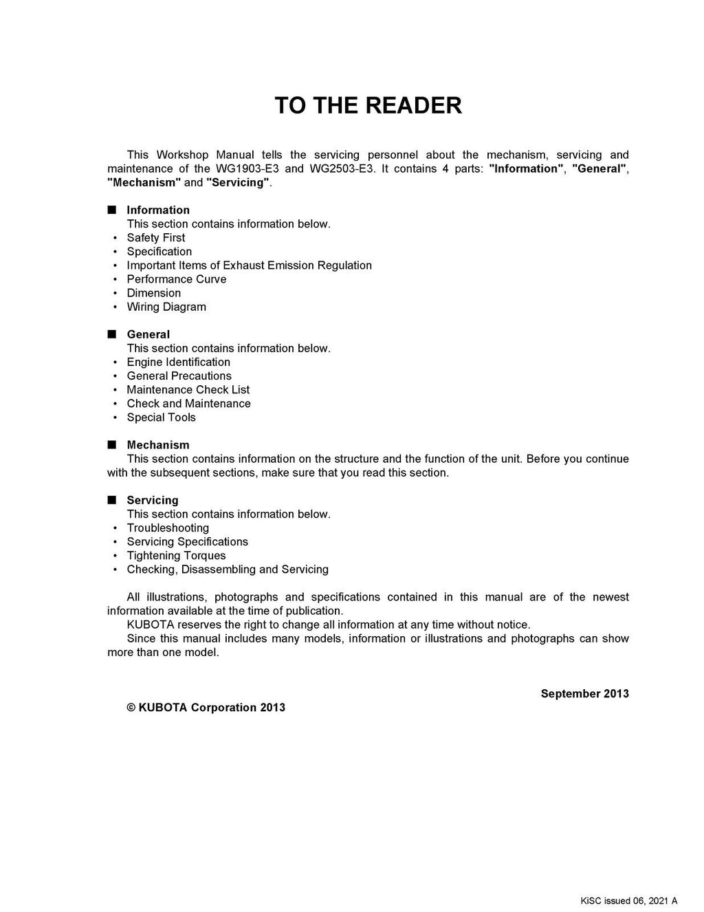 KUBOTA GASOLINE LPG NATURAL GAS ENGINE WG1903-E3 WG2503-E3 WORKSHOP MANUAL WSM