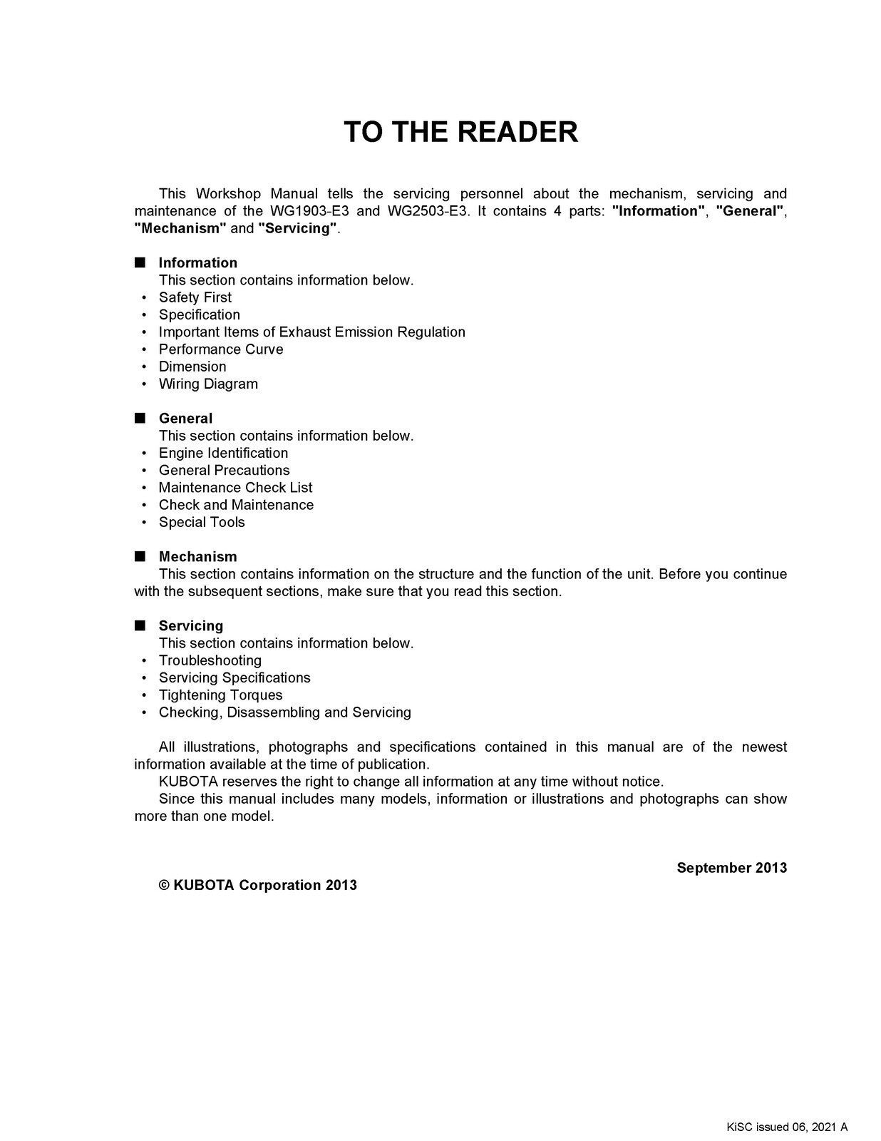 KUBOTA GASOLINE LPG NATURAL GAS ENGINE WG1903-E3 WG2503-E3 WORKSHOP MANUAL WSM