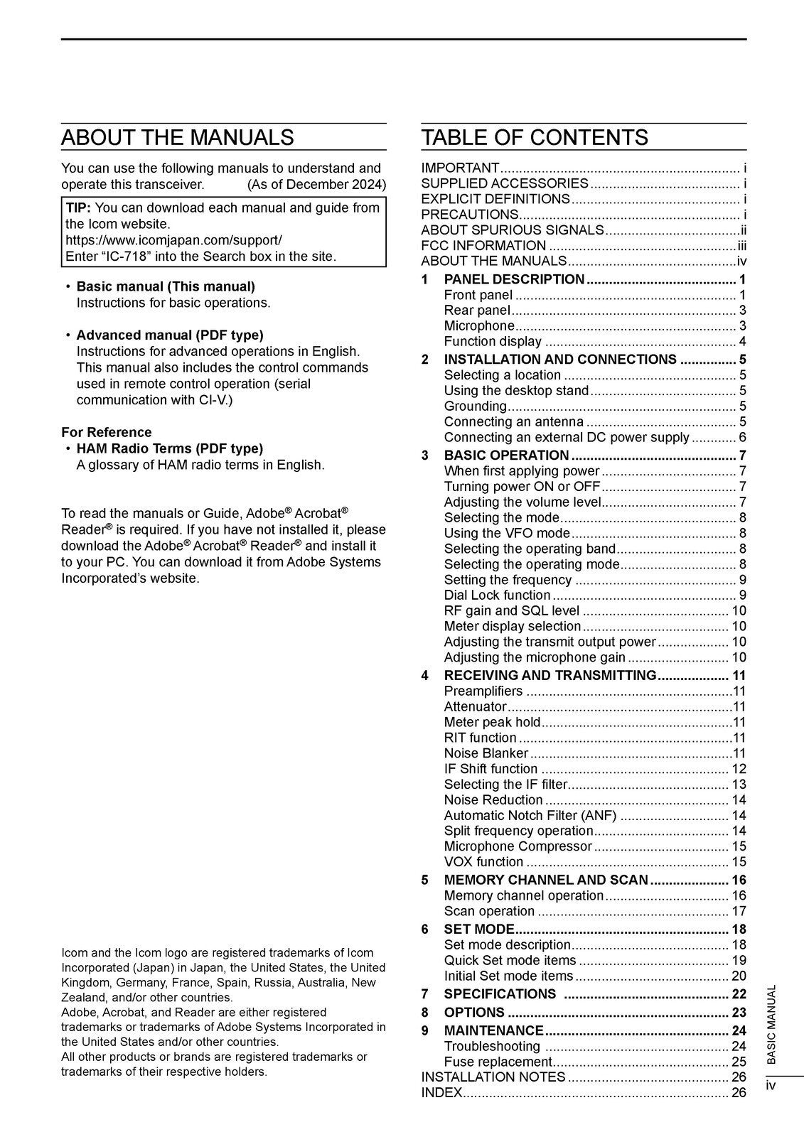 ICOM IC-718 HF ALL BAND TRANSCEIVER BASIC MANUAL - WIRE BOUND - TOUGH COVERS