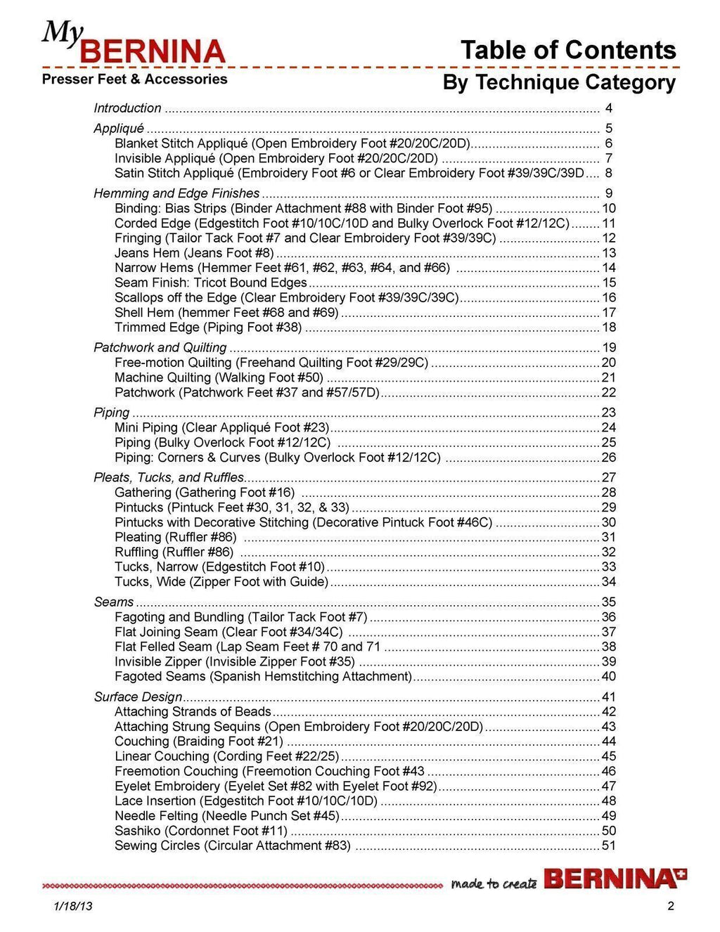 BERNINA Presser Feet & Accessories WORKBOOK The Key to Great Technique Manual