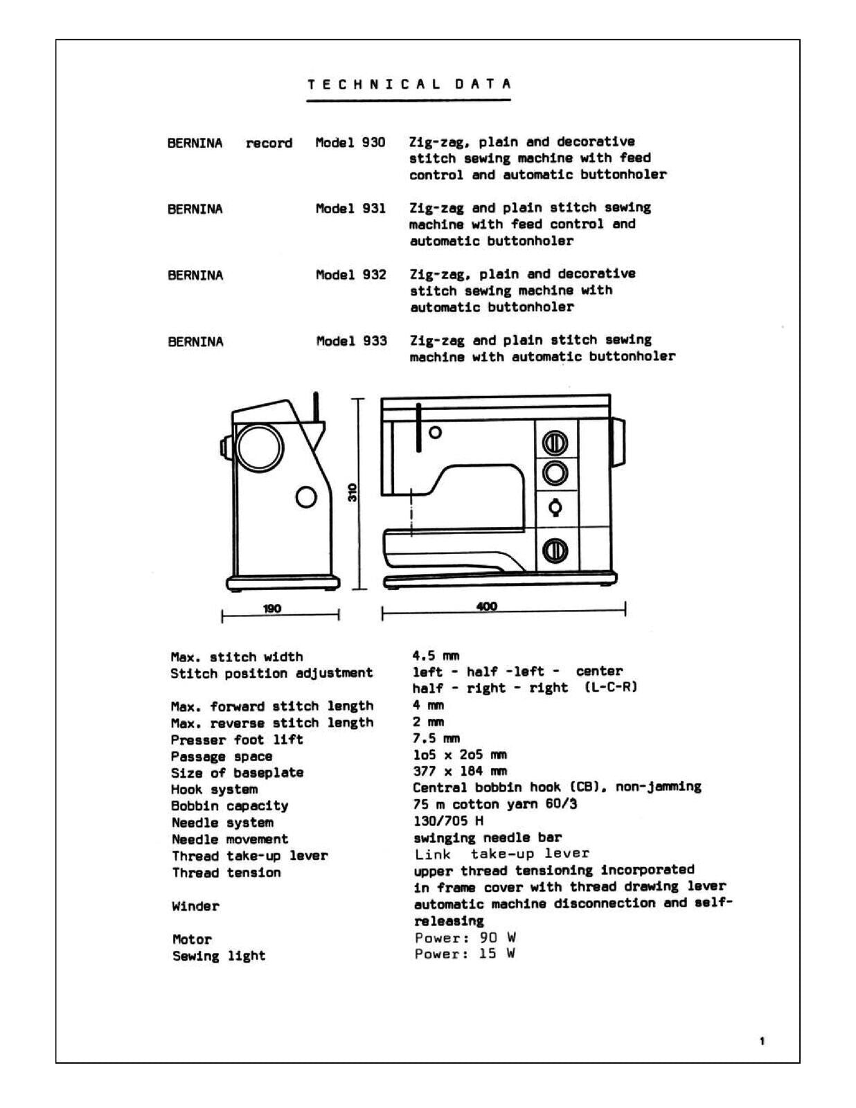 BERNINA 930 Record SERVICE Manual (Not Owners Manual) Guide - STEEL WIRE BOUND