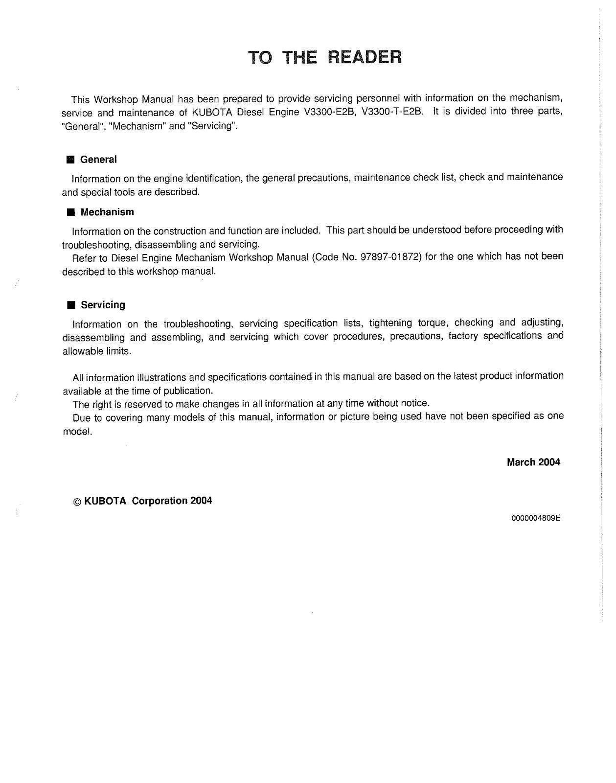 KUBOTA V3300-E2B T-E2B DIESEL ENGINE WORKSHOP MANUAL - STEEL WIRE BOUND - COVERS