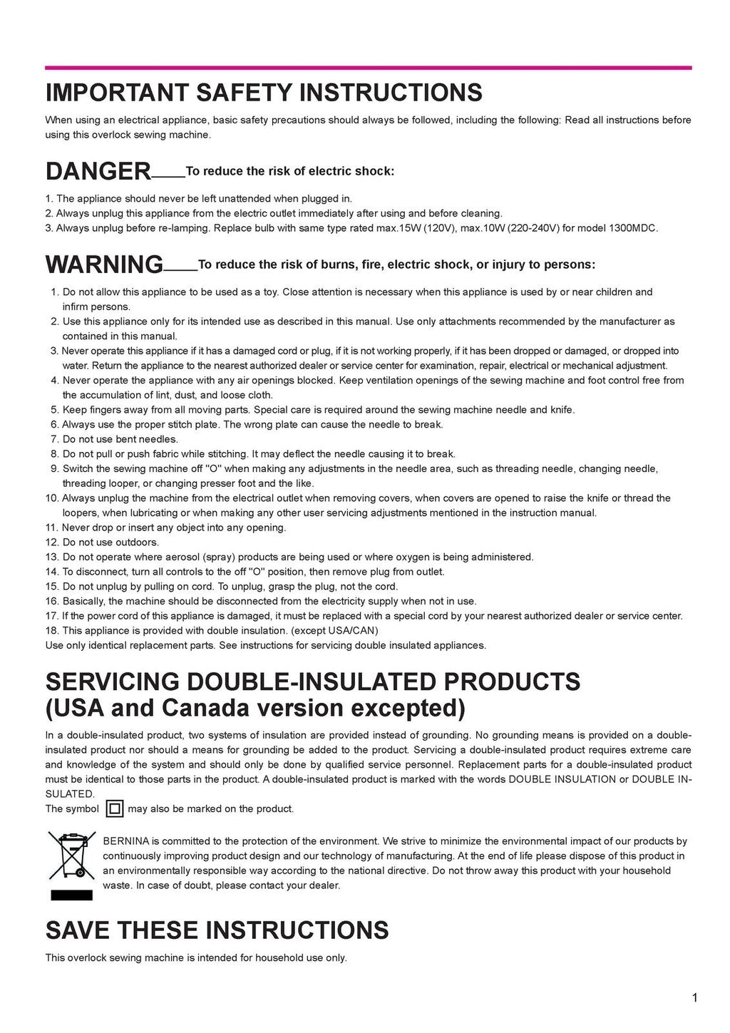 BERNINA 1300MDC Overlocker Sewing Machine Instruction Manual, WIRE BOUND, COVERS