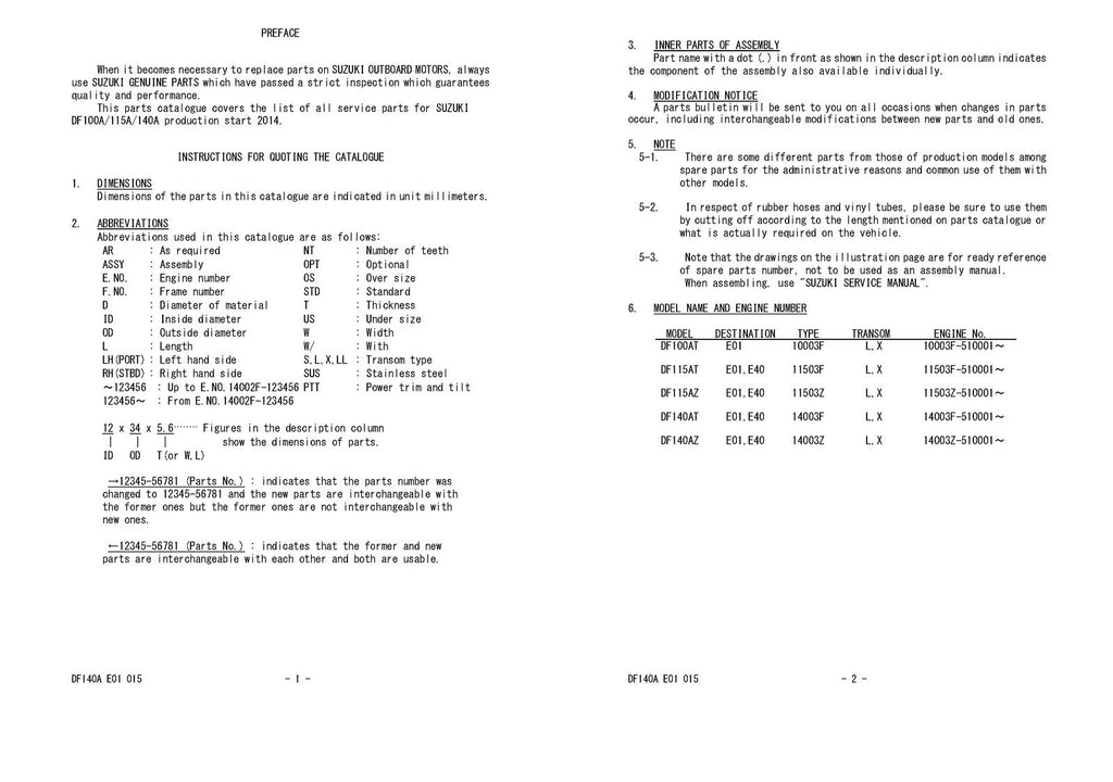 SUZUKI PARTS CATALOG DF100A DF115A DF140A 2014 MANUAL - WIRE BOUND - TUFF COVERS