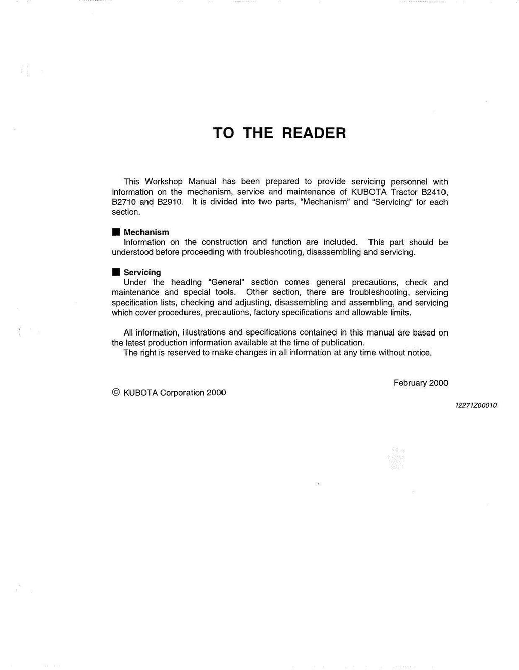 KUBOTA B2410 B2710 B2910 B7800 HSD TRACTOR WORKSHOP MANUAL - STEEL WIRE BOUND