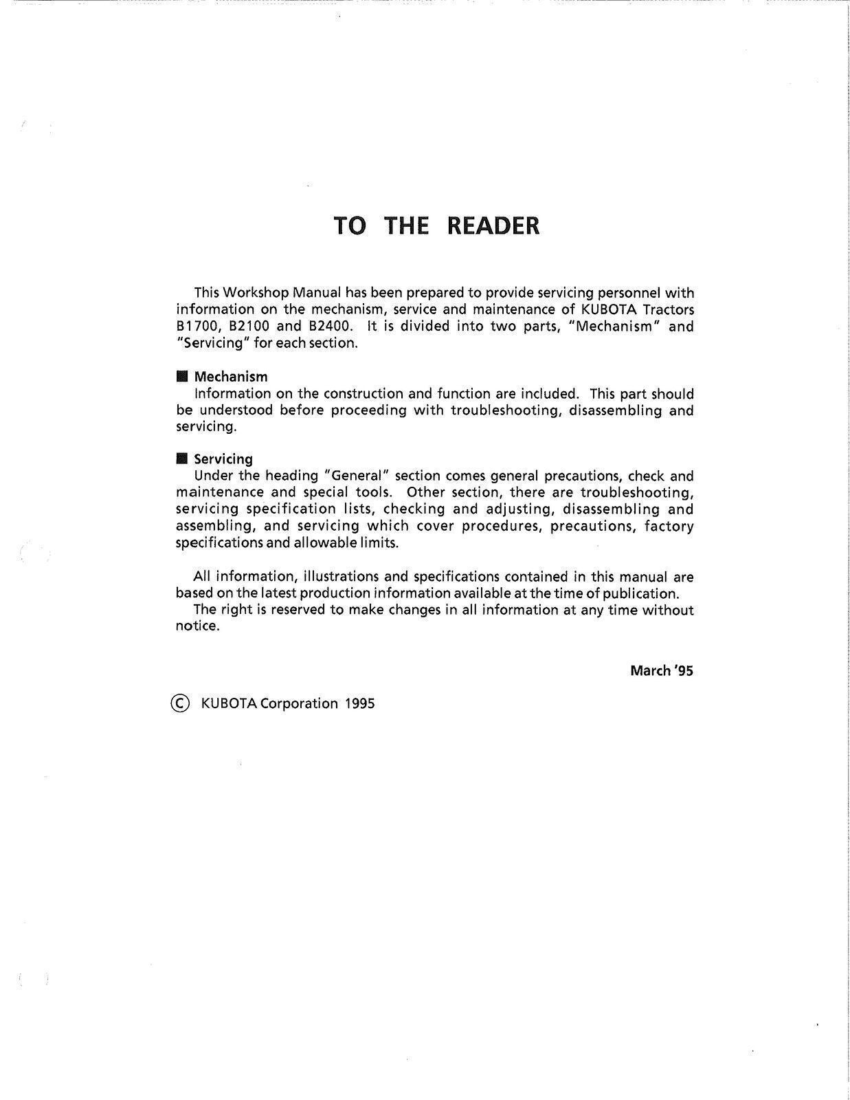 KUBOTA B1700 B2100 B2400 WSM WORKSHOP MANUAL *WITH WIRING CORRECTION* STEEL BIND