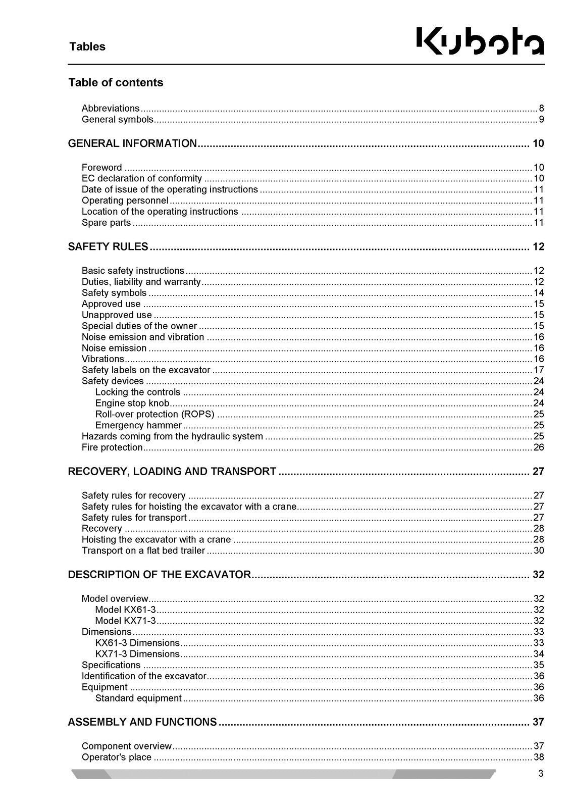KUBOTA KX61-3 KX71-3 OPERATORS MANUAL - STEEL WIRE BOUND - PROTECTIVE COVERS
