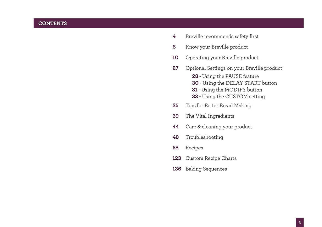 BREVILLE BBM800 Bread Maker User Manual Operation Guide + Recipes (WIRE BOUND)
