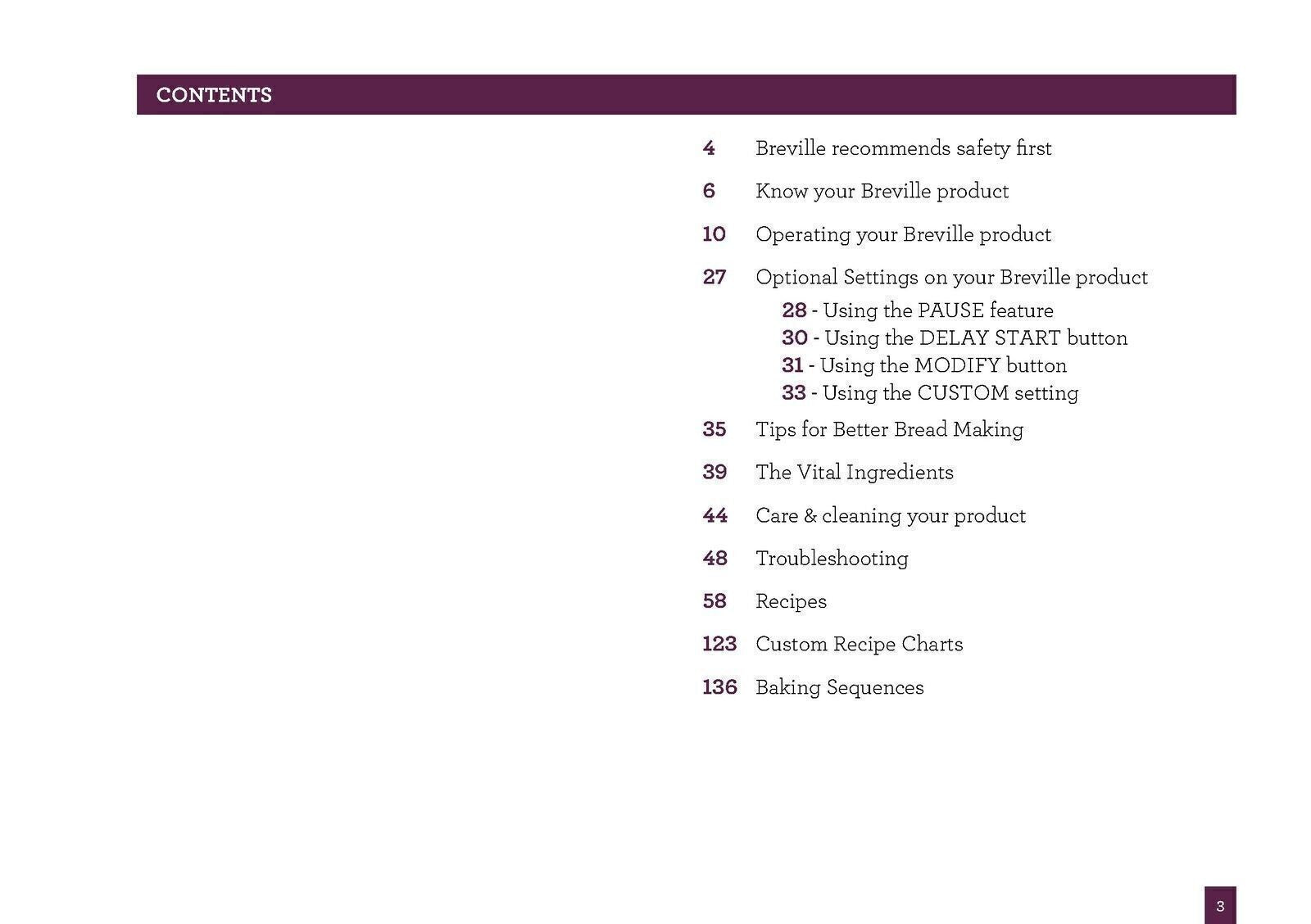 BREVILLE BBM800 Bread Maker User Manual Operation Guide + Recipes (WIRE BOUND)