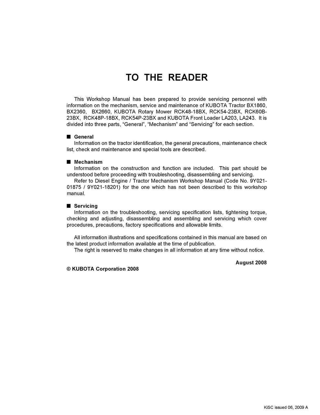 KUBOTA BX1860 BX2360 BX2660 TRACTOR WORKSHOP MANUAL, WIRE BOUND, TOUGH COVERS