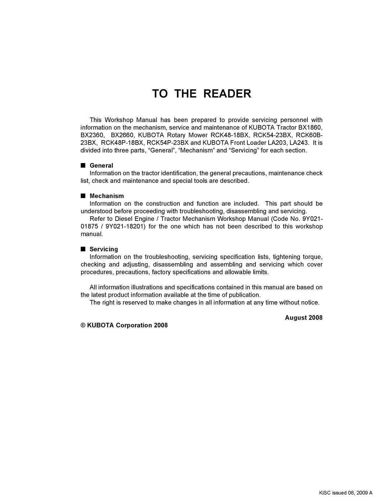 KUBOTA BX1860 BX2360 BX2660 TRACTOR WORKSHOP MANUAL, WIRE BOUND, TOUGH COVERS